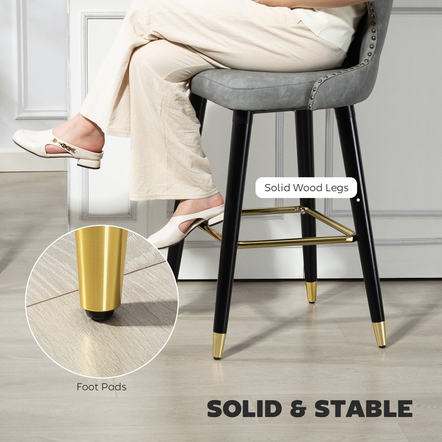 Bar Stools Set of 2, PU Leather Barstools with Backrest, Footrest and Solid Wood Legs, Dining Stools for Kitchen, Counter, Breakfast Bar, Grey