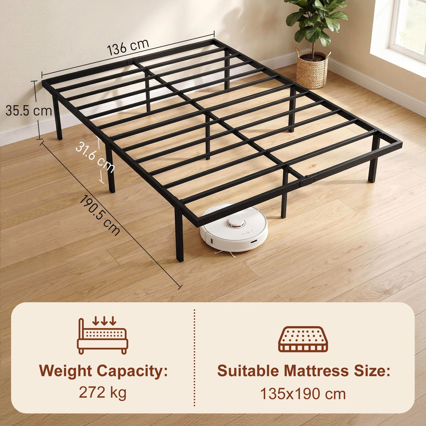 4ft6 Double Bed Frame with Underbed Storage, 35.5 cm Height, Metal Platform Bed Frame with Steel Slat Support, Noise-Free, No Box Spring Needed, Easy Assembly, Black