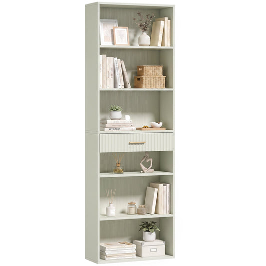 Tall Bookcase with Cubes, 7-Tier Bookshelf with Drawer, Freestanding Shelving Unit, 60 x 24 x 182 cm, Space-Saving for Study, Home Office, Living Room, Light Green