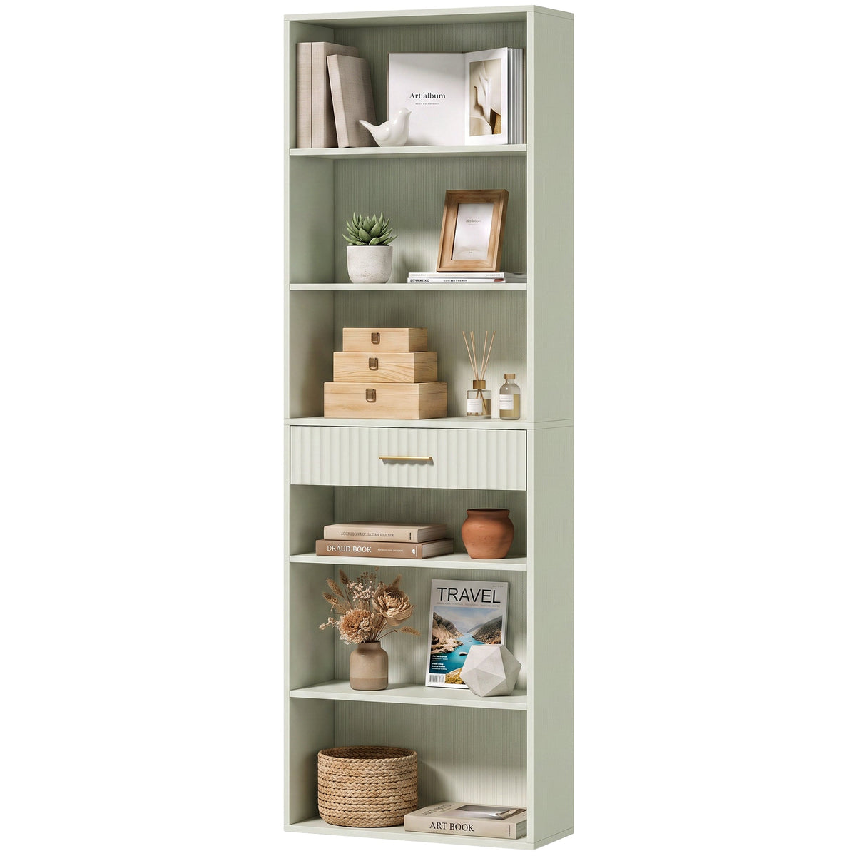 Tall Bookcase with Cubes, 7-Tier Bookshelf with Drawer, Freestanding Shelving Unit, 60 x 24 x 182 cm, Space-Saving for Study, Home Office, Living Room, Light Green