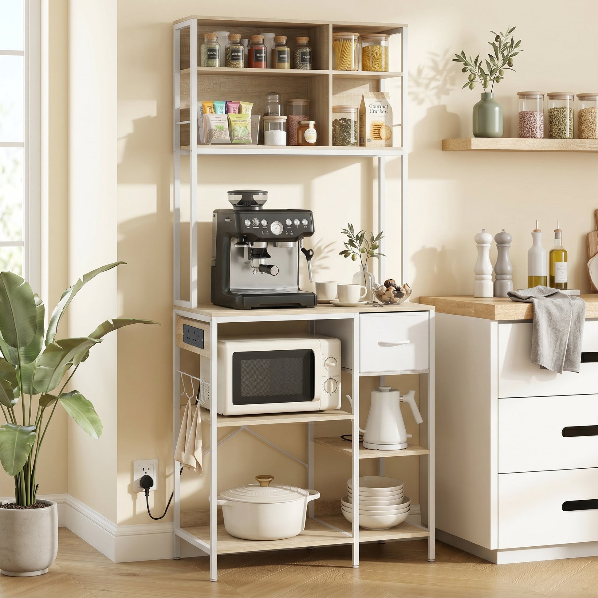 Kitchen Baker's Rack, Microwave Stand with Storage Shelves and 6 Hooks for Small Spaces, Kitchen Storage Unit for Spices, Pots and Pans, 80 x 40 x 181 cm, Oak