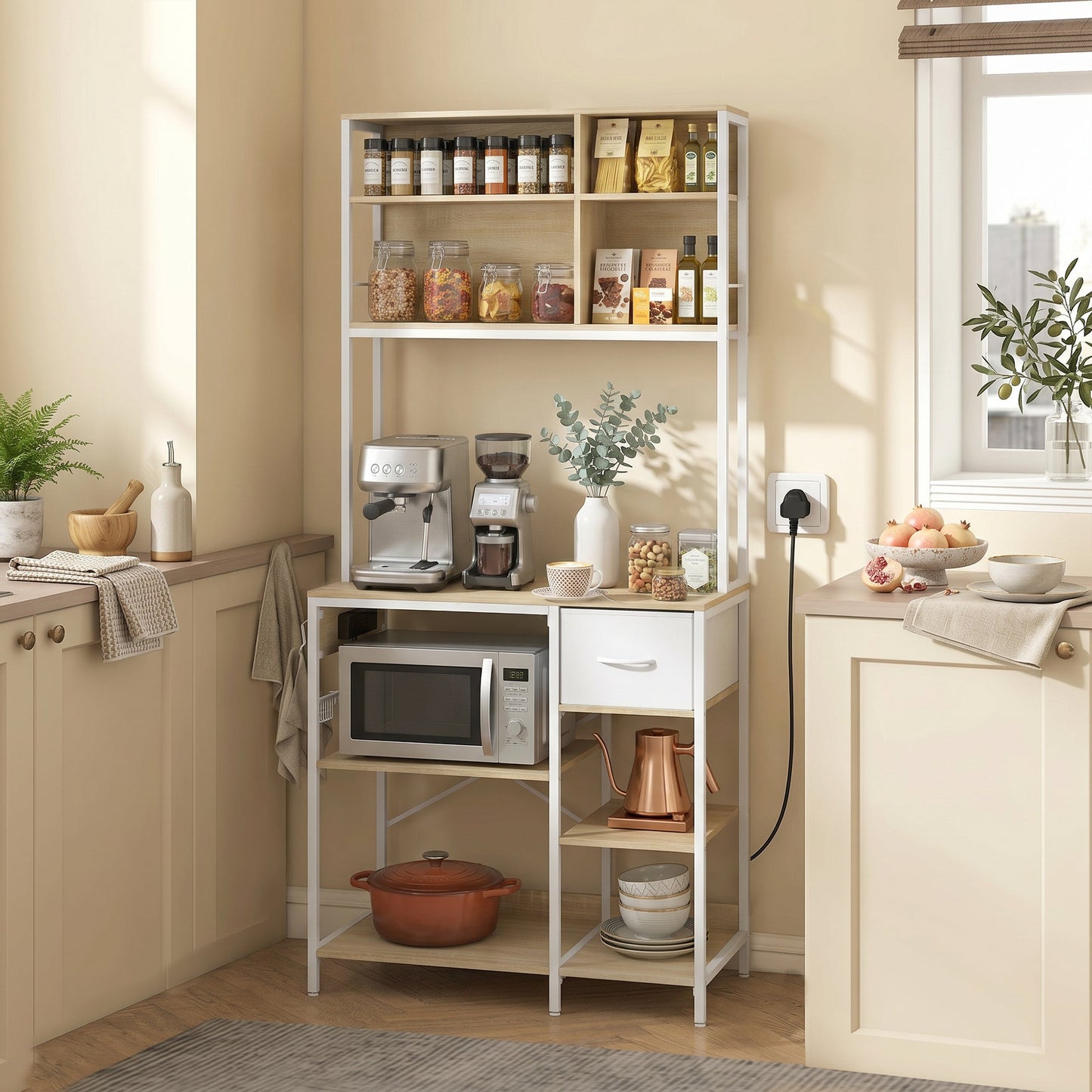 Kitchen Baker's Rack, Microwave Stand with Storage Shelves and 6 Hooks for Small Spaces, Kitchen Storage Unit for Spices, Pots and Pans, 80 x 40 x 181 cm, Oak