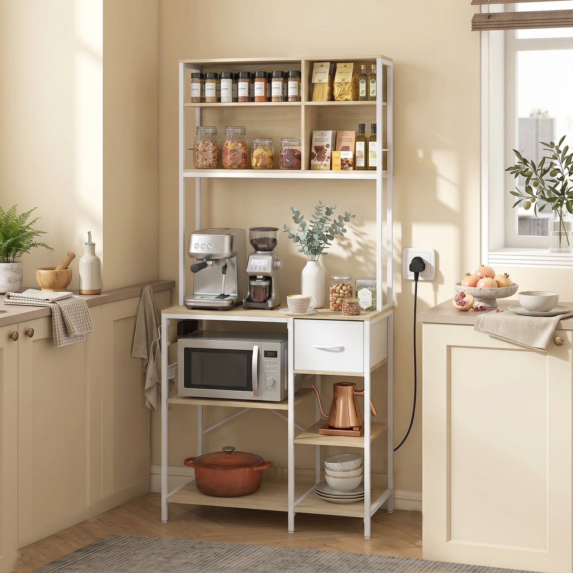 Kitchen Baker's Rack, Microwave Stand with Storage Shelves and 6 Hooks for Small Spaces, Kitchen Storage Unit for Spices, Pots and Pans, 80 x 40 x 181 cm, Oak
