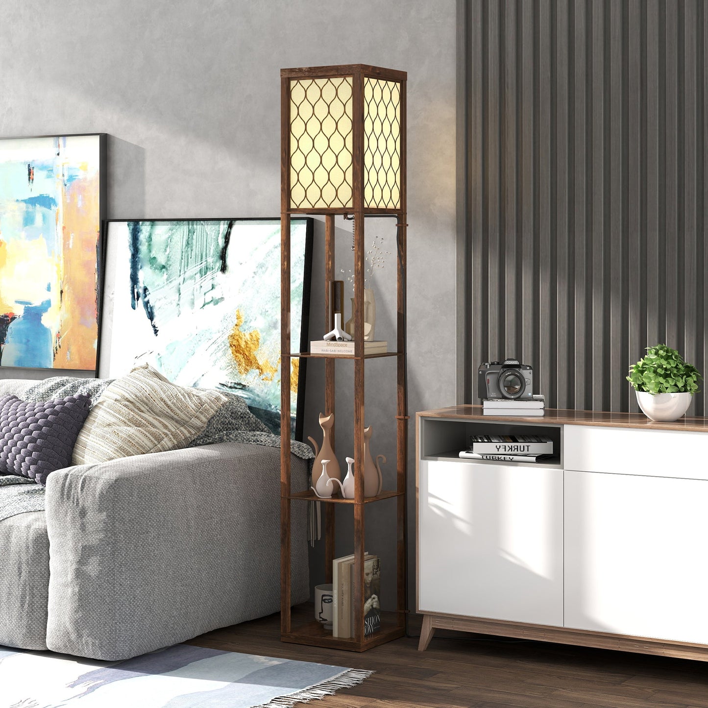 Floor Lamp with Shelves, Single Light, Modern Tall Standing Lamps for Living Room, Bedroom, with Chain Switch, Bulb not Included, Rustic Brown