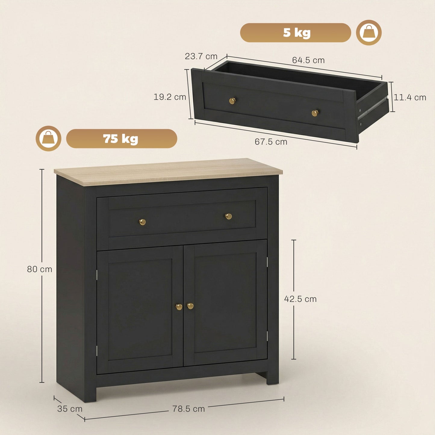Sideboard Storage Cabinet, Modern Kitchen Cupboard with Adjustable Shelf, Drawer and Double Doors, Sideboard for Living Room, Dining Room, Hallway, Black