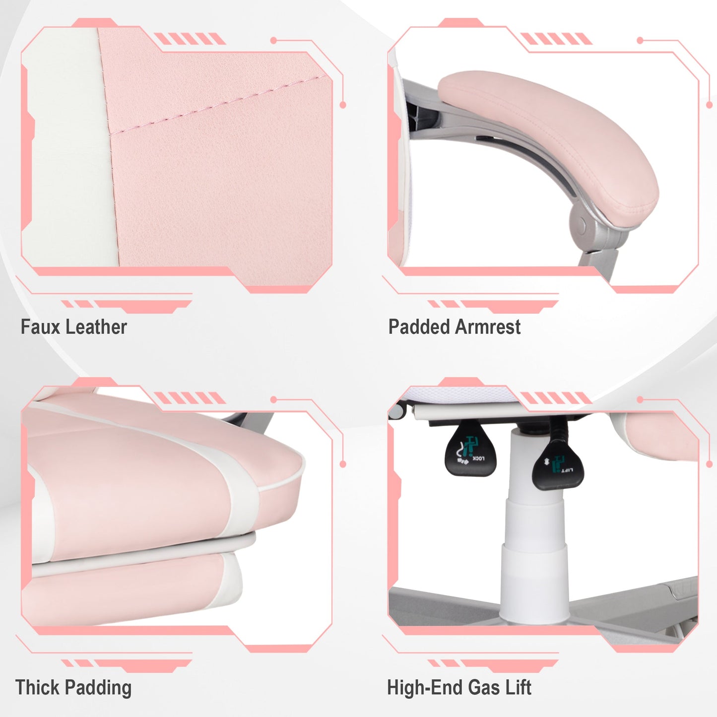 HOMCOM Gaming Chair with Footrest, PU Leather Computer Chair, Swivel Game Chair with 150° Reclining Back and Lumbar Support for Adults, Pink