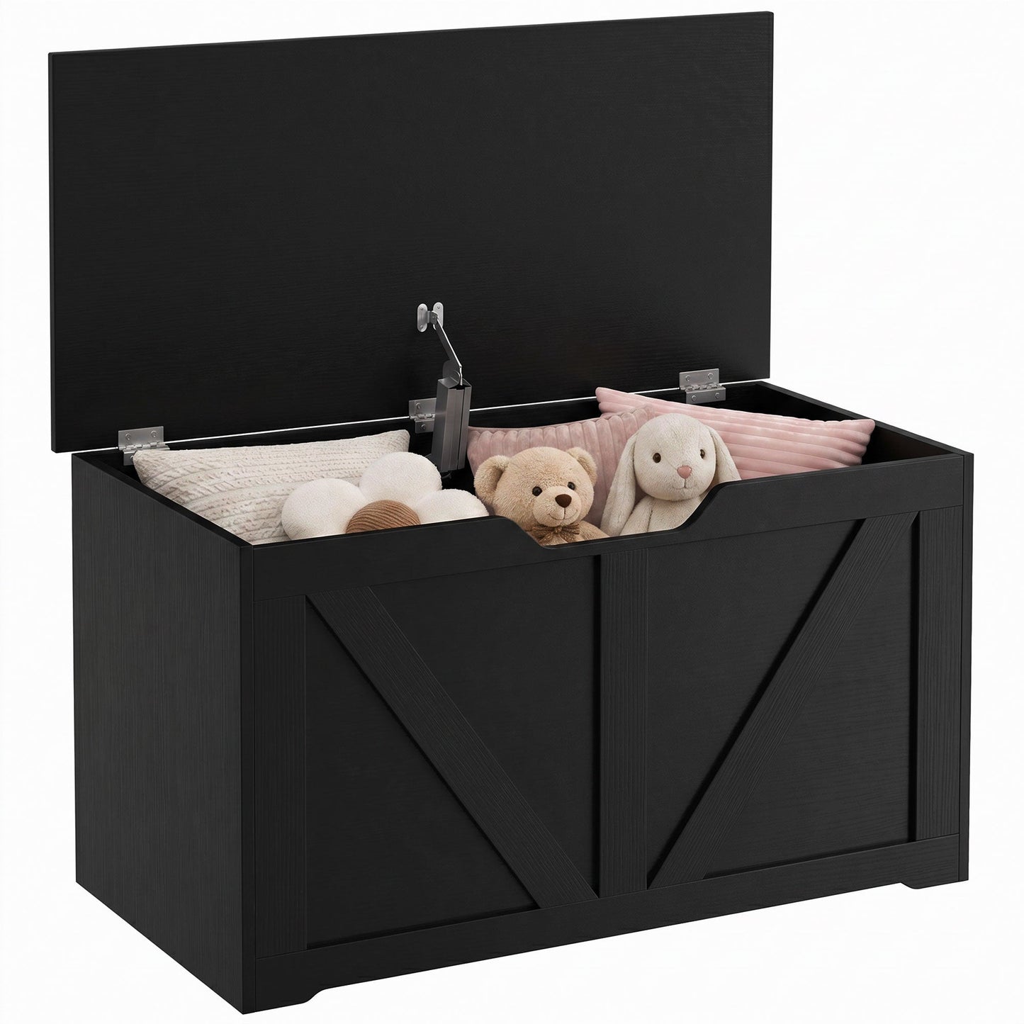 100L Storage Chest, Shoe Storage Trunk Bench Box with Safety Hinge and U-shaped Cut-out Pull, Blanket Box Ottoman for Bedroom, Living Room, Entryway, 80 x 40 x 45 cm, Black Wood-Effect