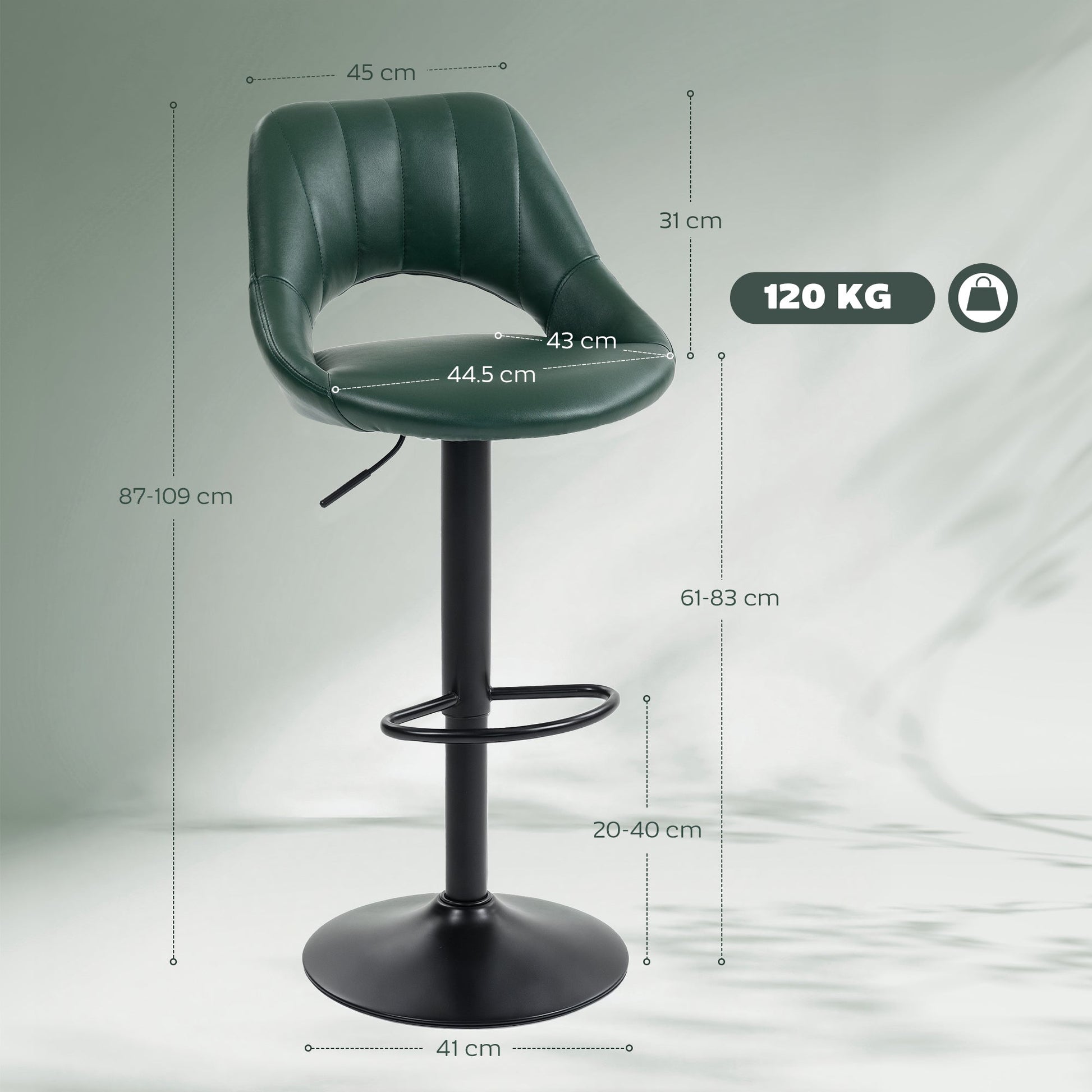 Bar Stools Set of 2, Swivel Barstools with Adjustable Height, Backrest and Footrest,  Modern PU Leather Upholstered Breakfast Bar Chairs for Kitchen Island, Counter, Dining Room, Dark Green