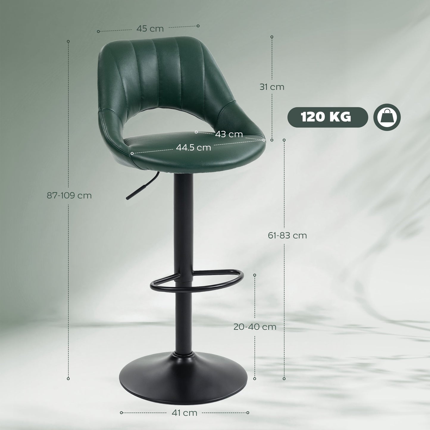 Bar Stools Set of 2, Swivel Barstools with Adjustable Height, Backrest and Footrest,  Modern PU Leather Upholstered Breakfast Bar Chairs for Kitchen Island, Counter, Dining Room, Dark Green