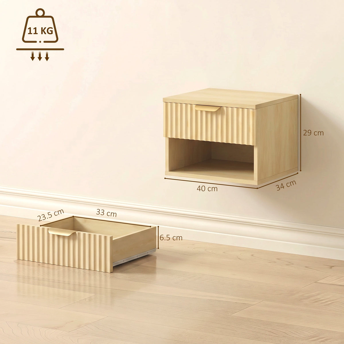 Floating Nightstands Set of 2, Modern Wall-Mounted Bedside Tables with Fluted Drawer and Open Shelf for Bedroom, Oak