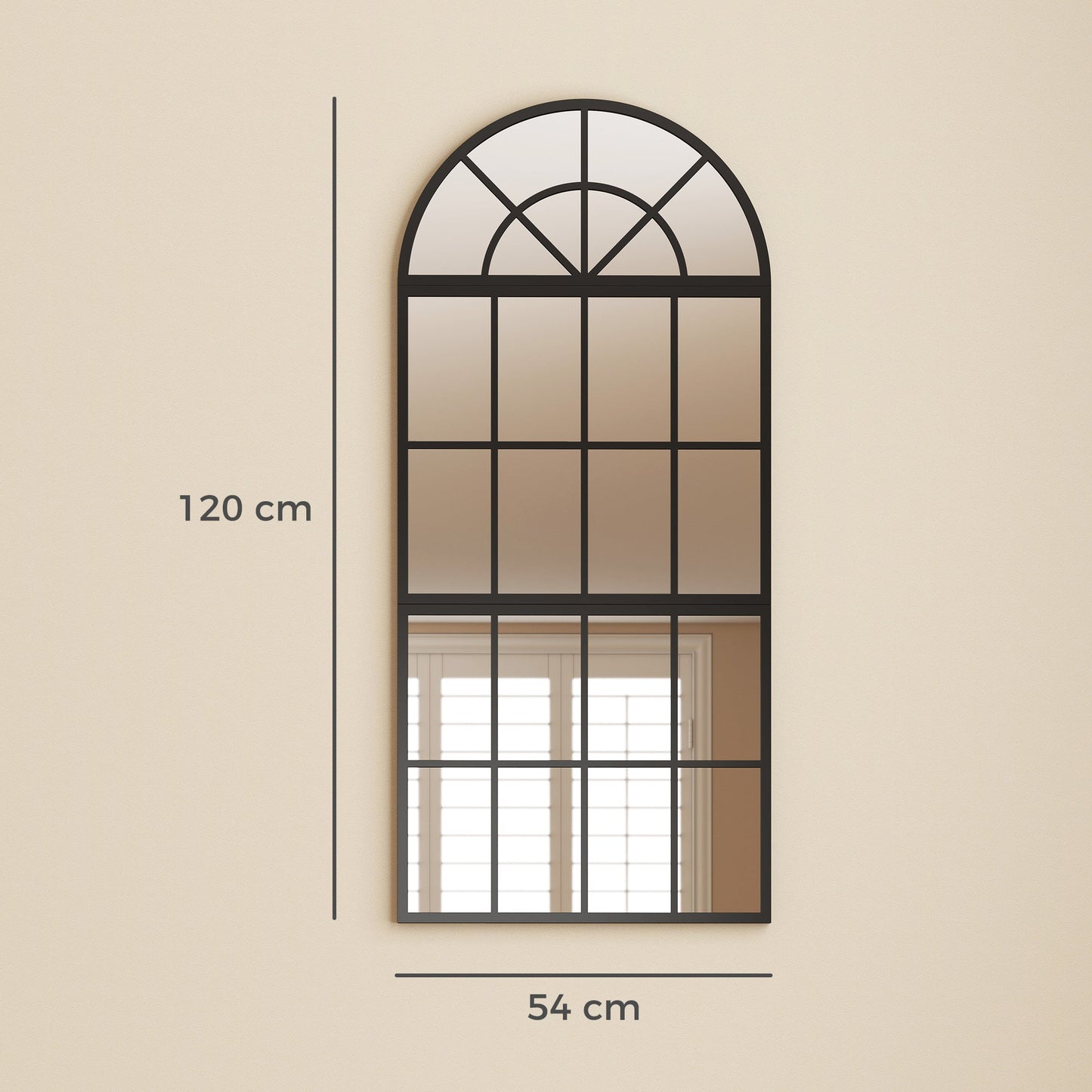 120 x 54 cm, Modern Large Arched Wall Mirror with Metal Grid, 3-Piece Split Window Mirrors with Tempered Glass for Window Decoration, Bedroom and Entryway, Black
