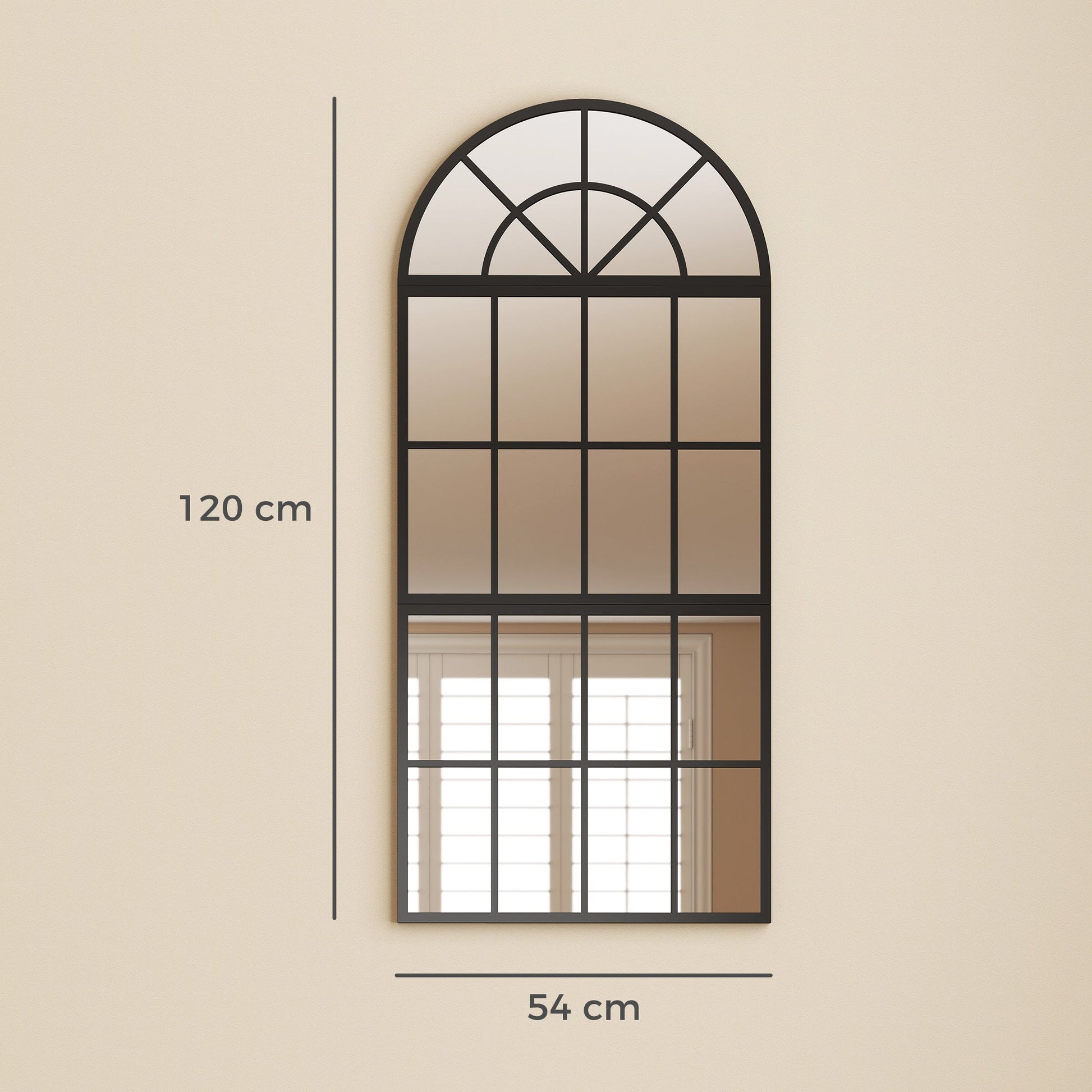 120 x 54 cm, Modern Large Arched Wall Mirror with Metal Grid, 3-Piece Split Window Mirrors with Tempered Glass for Window Decoration, Bedroom and Entryway, Black