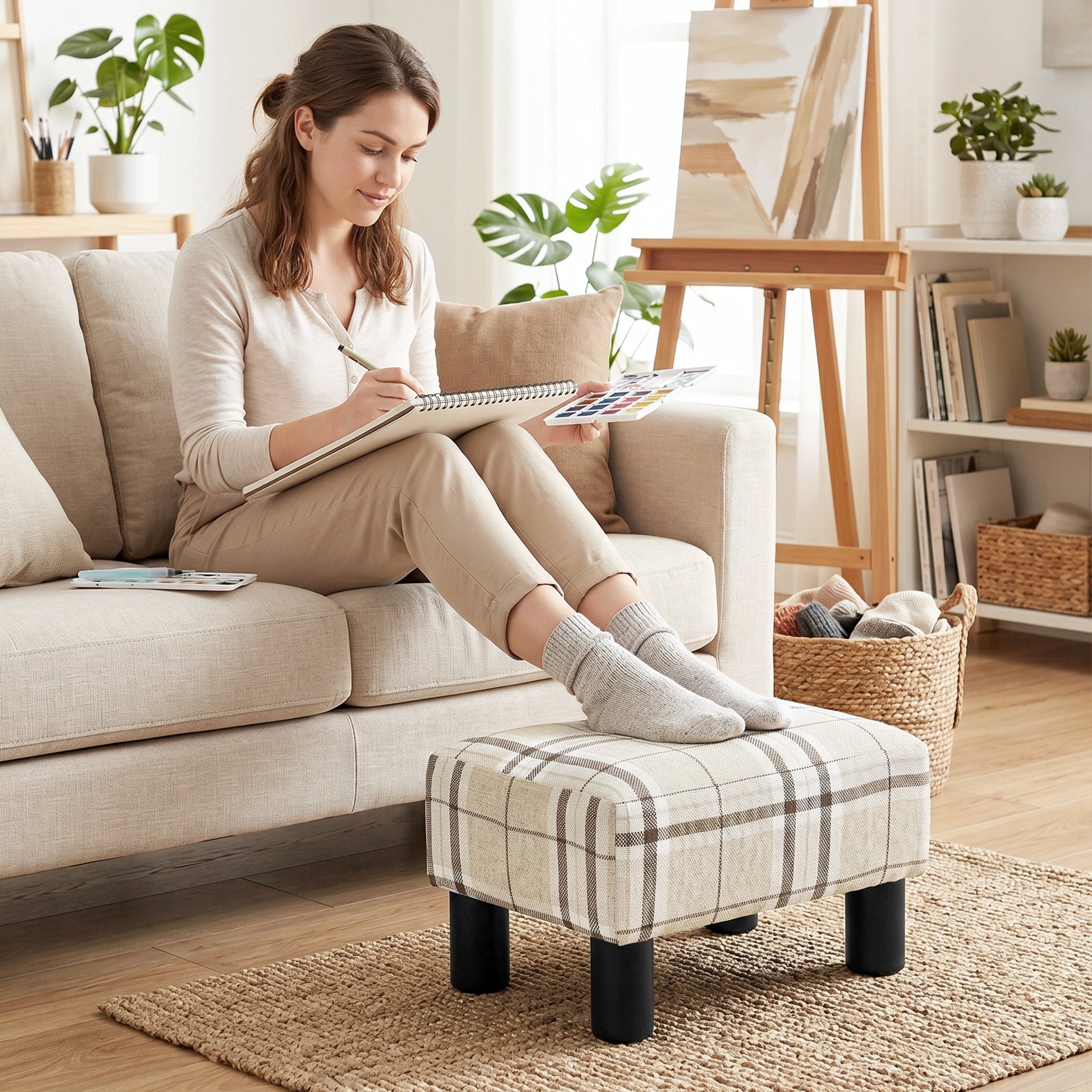 Linen-Look Fabric Foot Stool Footrest Small Seat Footrest Chair Ottoman Home Office with Legs 40 x 30 x 24cm, Multi-colored