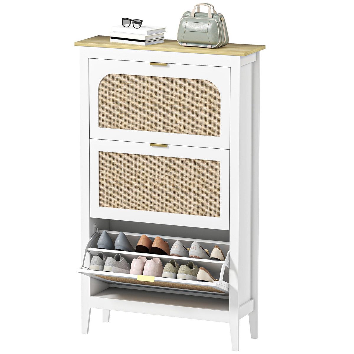 Shoe Storage Cabinet with 3 Flip Drawers, Boho Slim Shoe Cabinet with Rattan Doors for Entryway, Hallway, Holds 21 Pairs, White
