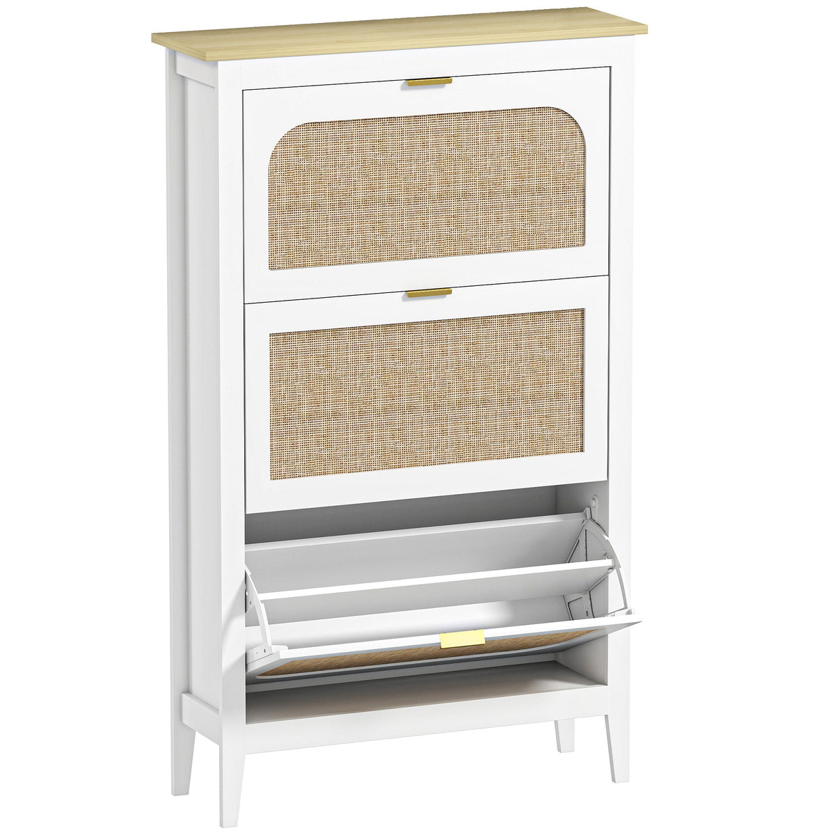 Shoe Storage Cabinet with 3 Flip Drawers, Boho Slim Shoe Cabinet with Rattan Doors for Entryway, Hallway, Holds 21 Pairs, White
