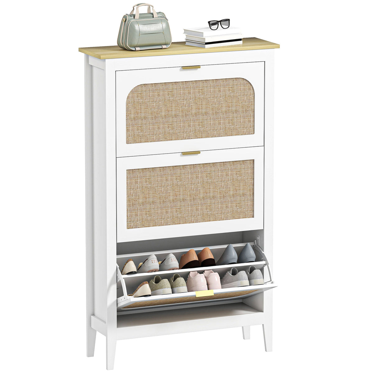 Shoe Storage Cabinet with 3 Flip Drawers, Boho Slim Shoe Cabinet with Rattan Doors for Entryway, Hallway, Holds 21 Pairs, White