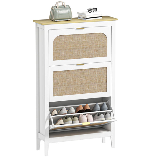Shoe Storage Cabinet with 3 Flip Drawers, Boho Slim Shoe Cabinet with Rattan Doors for Entryway, Hallway, Holds 21 Pairs, White