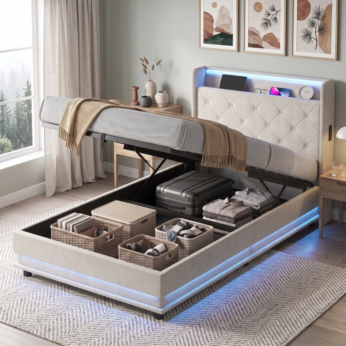 3ft Single Ottoman Bed Frame with Hydraulic Storage, APP Control LED Lights and Charging Station, Upholstered Lift Up Storage Bed Frame with Headboard, No Box Spring Needed, Cream White