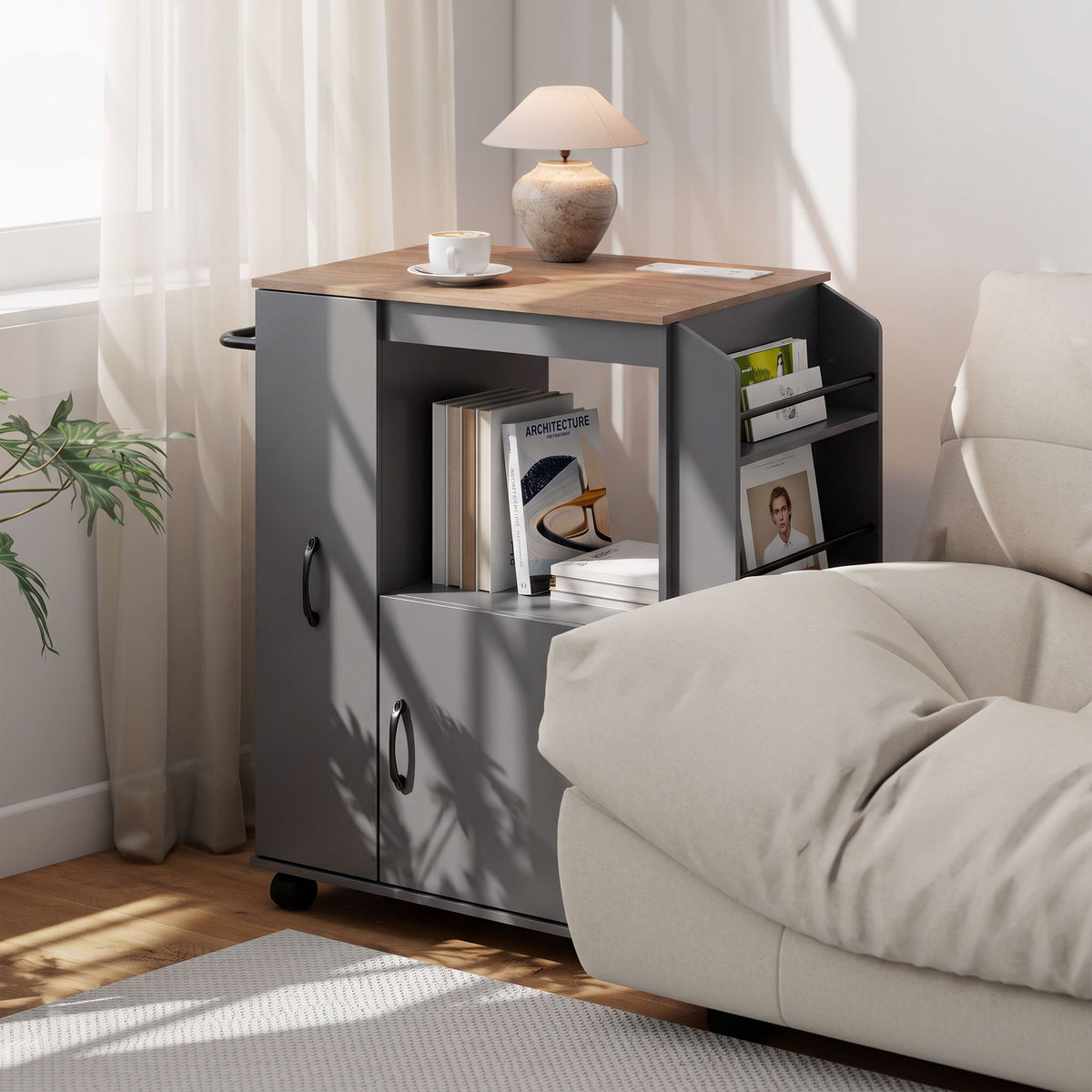 Kitchen Trolley on Wheels, Rolling Kitchen Island Cart with Power Outlet, Cabinet, Pull-Out Drawer and Towel & Spice Rack, Mobile Serving Trolley Cart for Dining Room, Bathroom, Grey