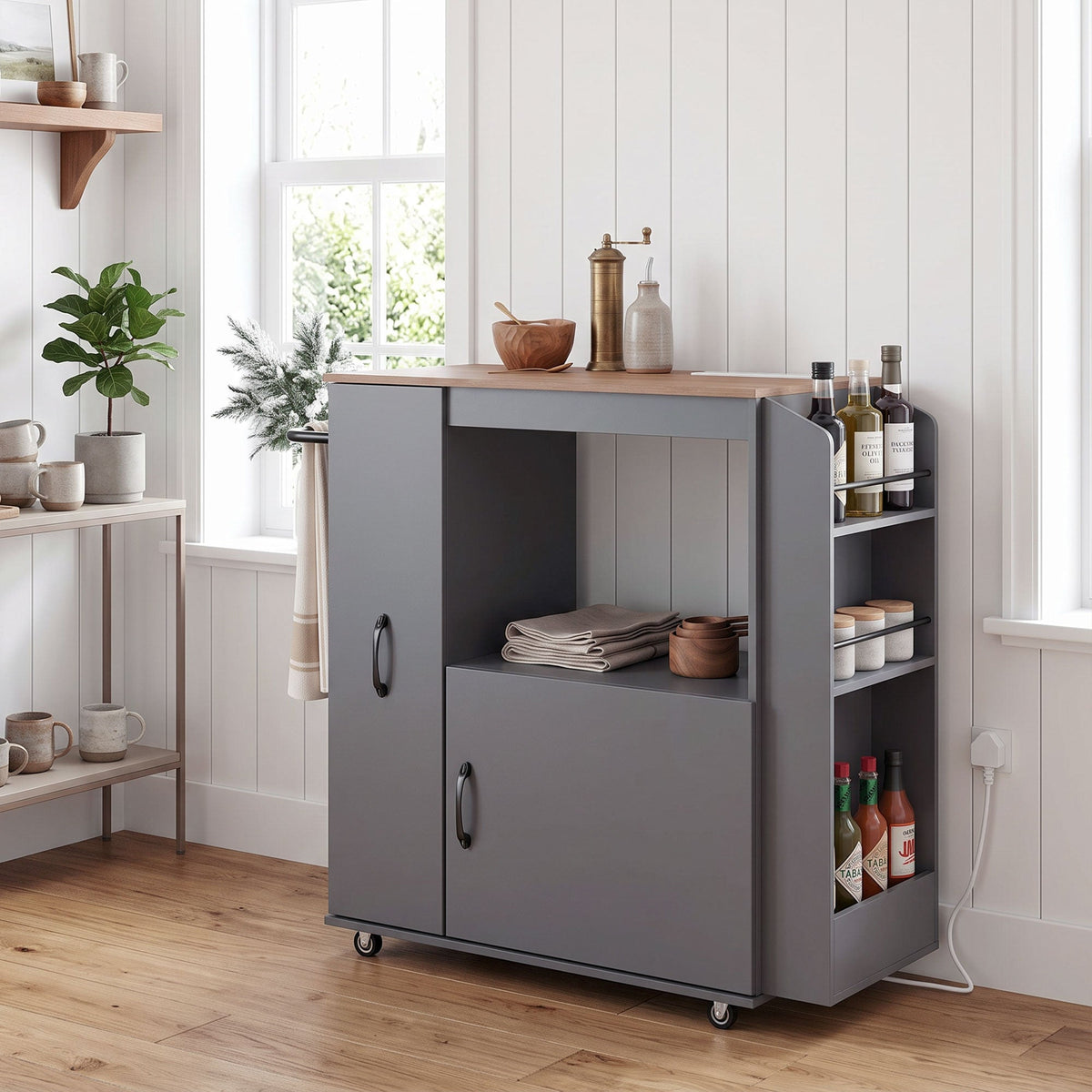 Kitchen Trolley on Wheels, Rolling Kitchen Island Cart with Power Outlet, Cabinet, Pull-Out Drawer and Towel & Spice Rack, Mobile Serving Trolley Cart for Dining Room, Bathroom, Grey