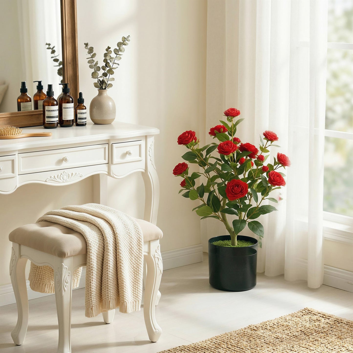 65cm Artificial Camellia Flower Plant in Pot, Realistic Silk Flowers with 116 Lush Leaves & Moss Effect, Faux Tree for Outdoor Indoor Garden Porch Decor, Red