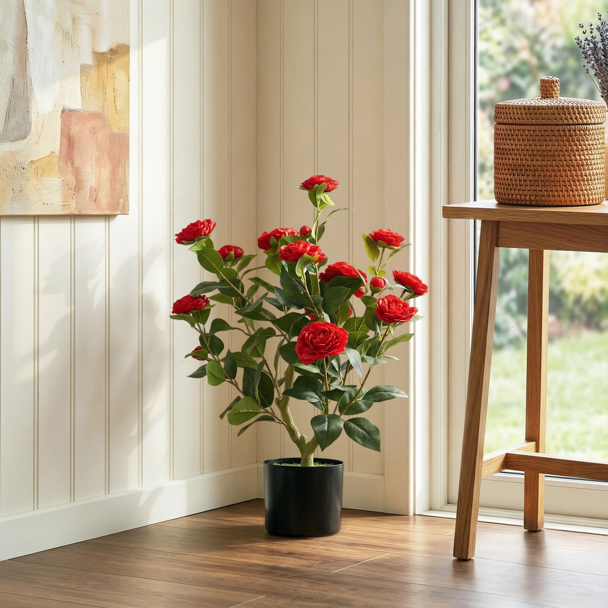 65cm Artificial Camellia Flower Plant in Pot, Realistic Silk Flowers with 116 Lush Leaves & Moss Effect, Faux Tree for Outdoor Indoor Garden Porch Decor, Red