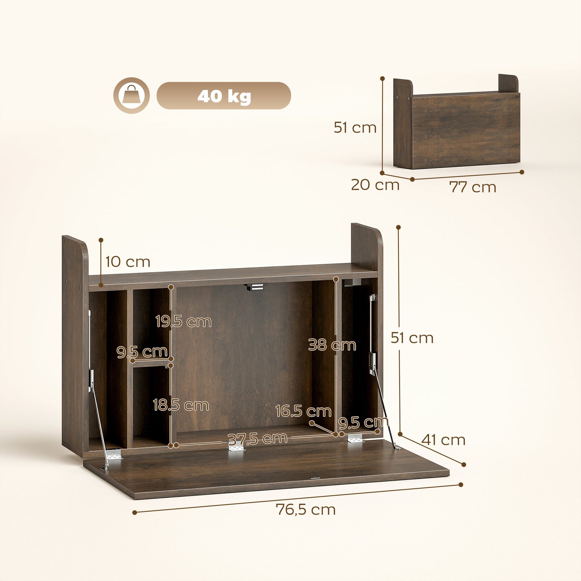 Wall Mounted Desk, Drop Leaf Floating Laptop Desk with Space Saving Storage Compartments for Home Office and Study, 77cm x 20cm x 51cm, Dark Brown