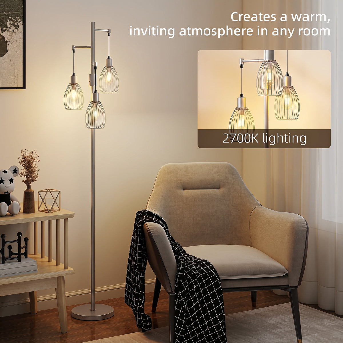 3-Light LED Floor Lamp, 170cm Industrial Dimmable Standing Lamp with Steel Wire Cage Lampshades, 2700K for Living Room, Bedroom, Dining Room, Study, Silver Tone
