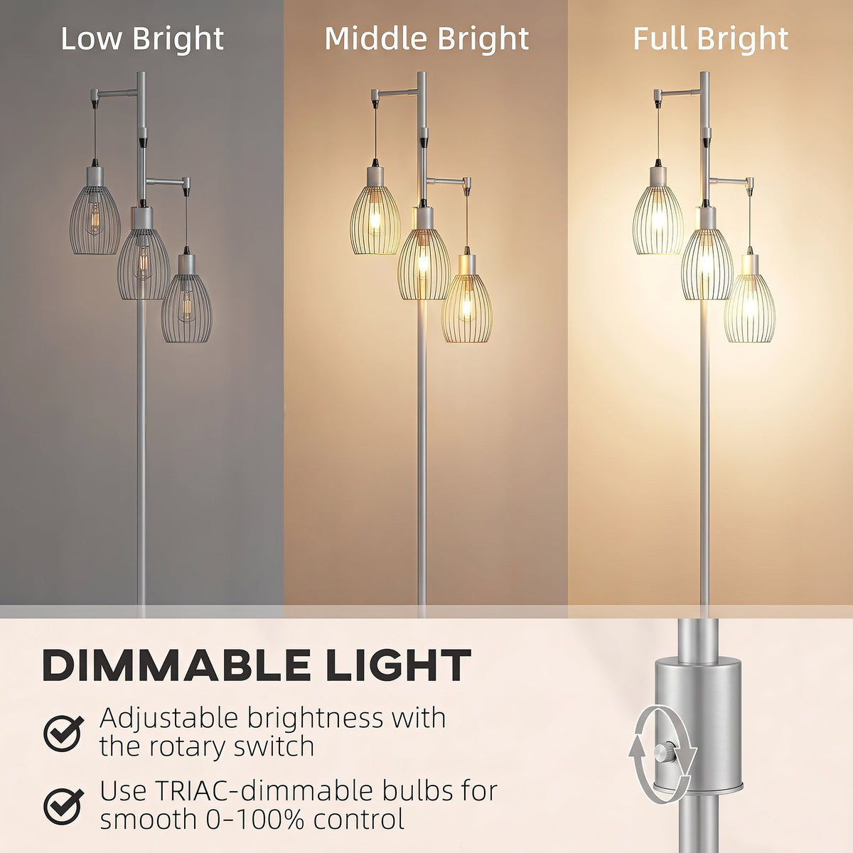 3-Light LED Floor Lamp, 170cm Industrial Dimmable Standing Lamp with Steel Wire Cage Lampshades, 2700K for Living Room, Bedroom, Dining Room, Study, Silver Tone