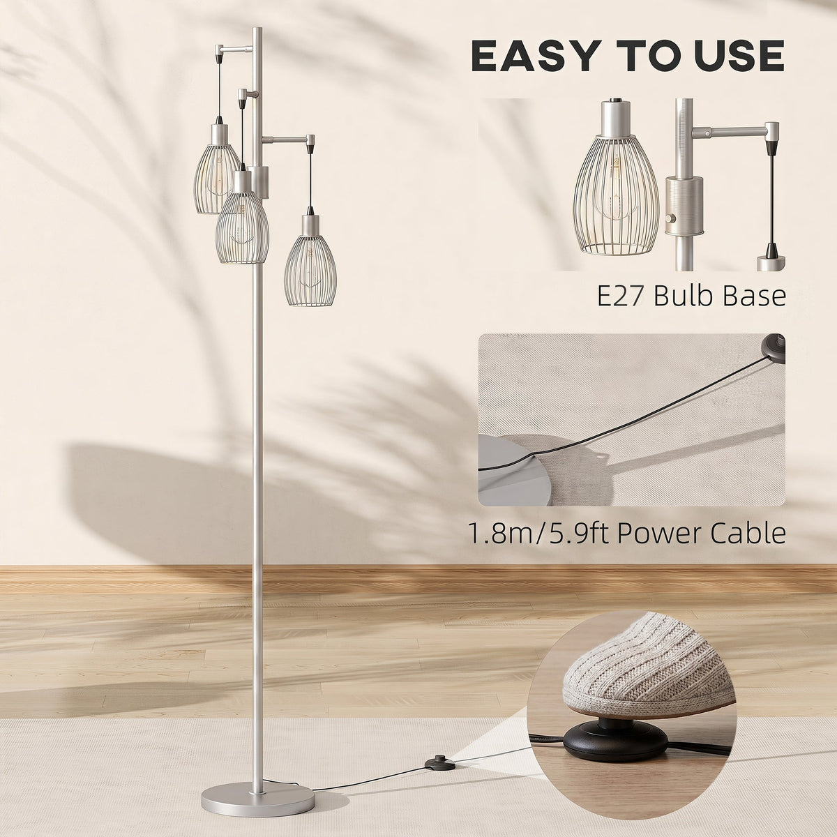 3-Light LED Floor Lamp, 170cm Industrial Dimmable Standing Lamp with Steel Wire Cage Lampshades, 2700K for Living Room, Bedroom, Dining Room, Study, Silver Tone
