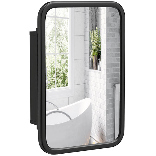 Bathroom Medicine Cabinet with Tempered Mirror, Metal Bathroom Mirror Cabinet Wall Mounted with 3 Shelves and 180° Swing Door for Hallway or Bathroom, Black