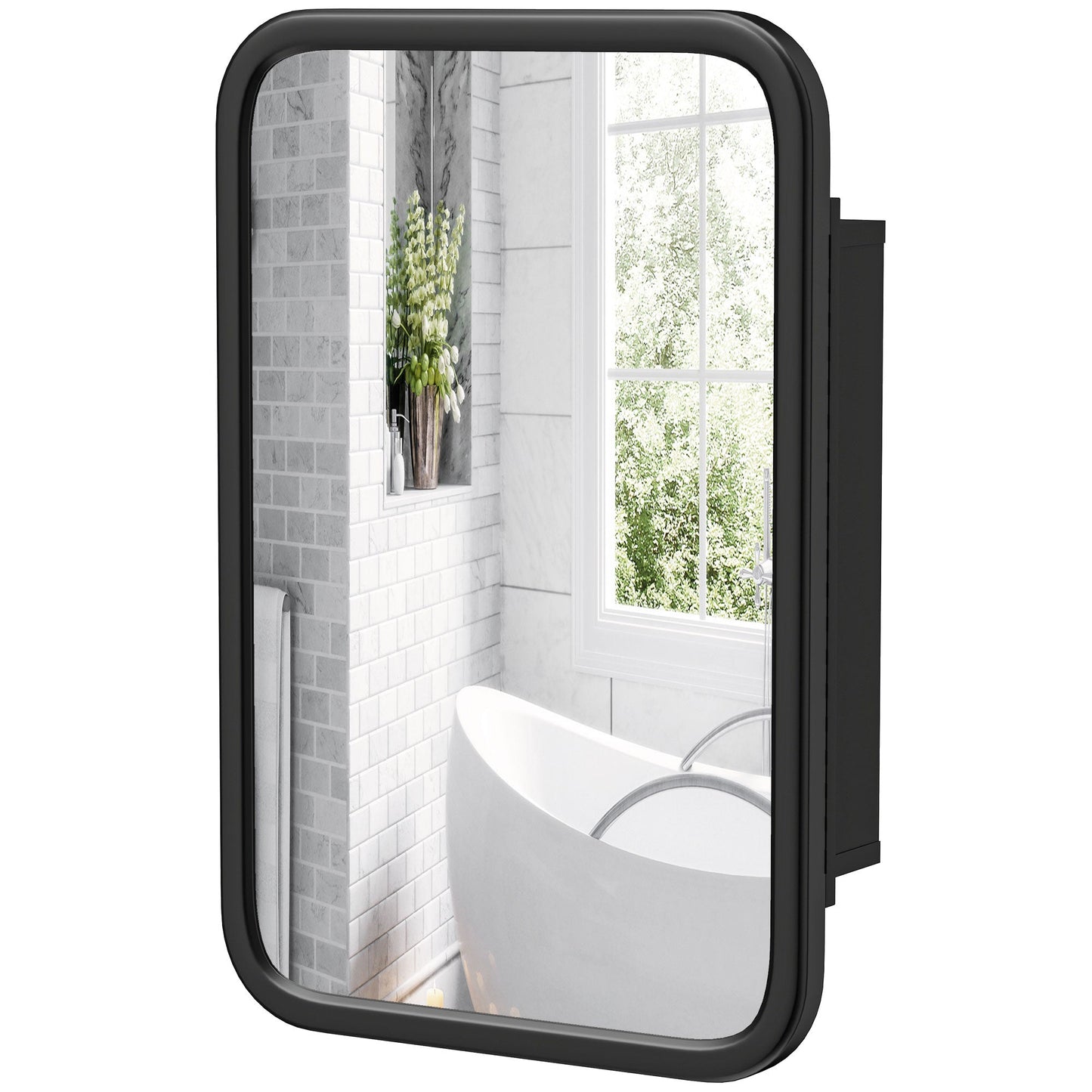 Bathroom Medicine Cabinet with Tempered Mirror, Metal Bathroom Mirror Cabinet Wall Mounted with 3 Shelves and 180° Swing Door for Hallway or Bathroom, Black