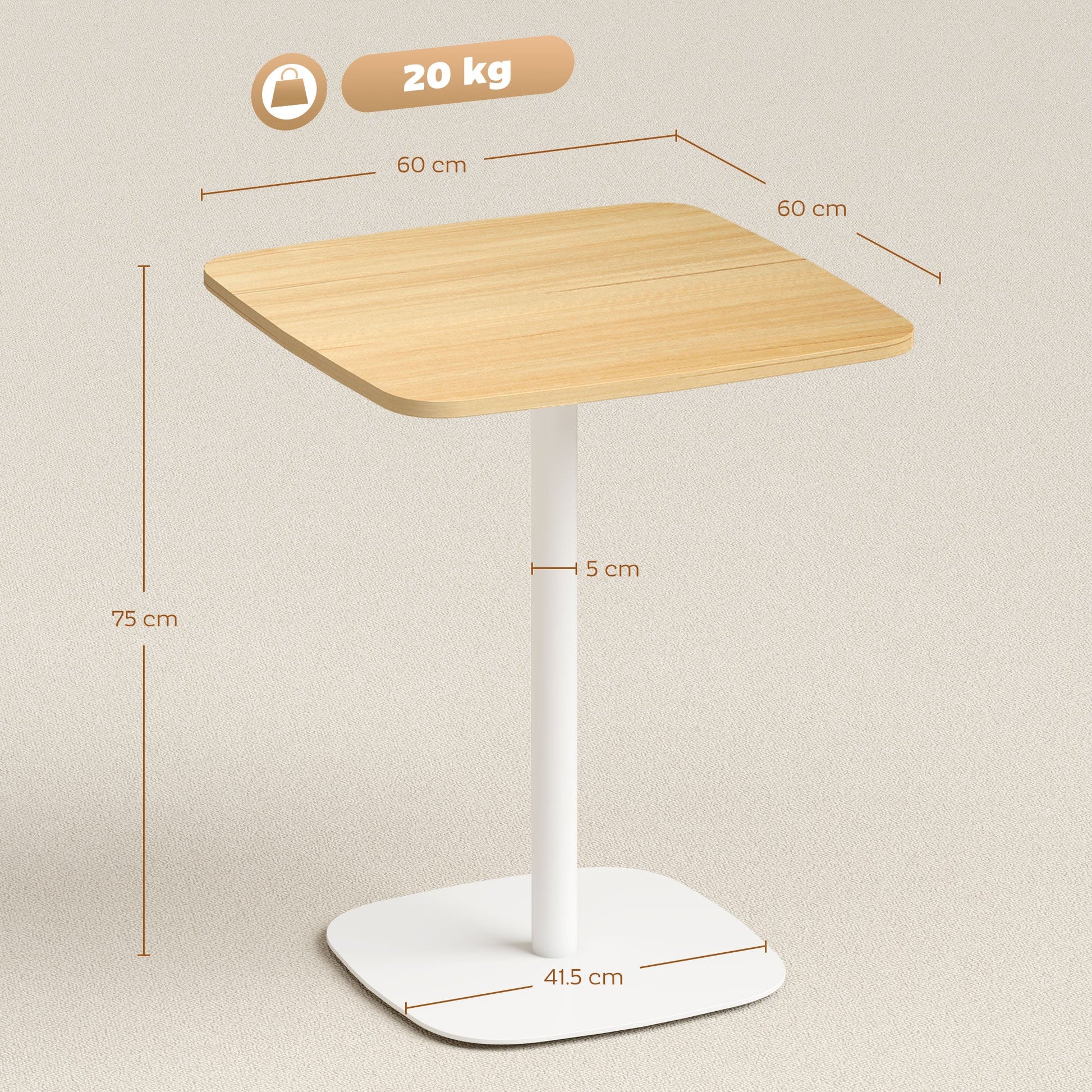 Small Dining Table, 60 cm Square Kitchen Table with Wood Veneer Top, Square Steel Pedestal Base and Anti-slip Foot Pads for Living Room, Dining Room, Natural Wood Finish
