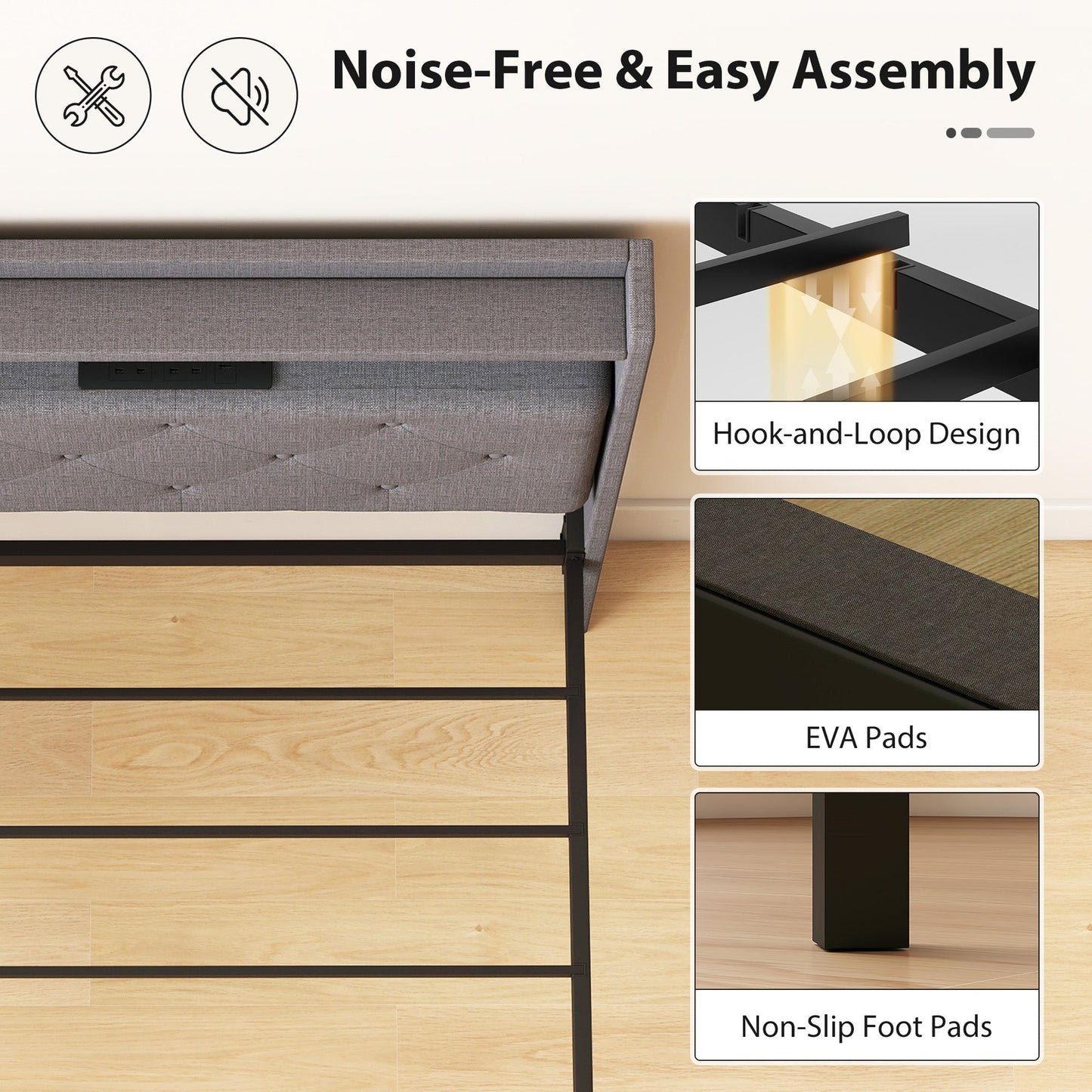 3ft Single Size Bed Frame, Floating Bed Frame with Music Sync RGB LED Lights and Charging Station, Upholstered Headboard with Storage Shelves, No Box Spring Needed, Noise Free, Grey
