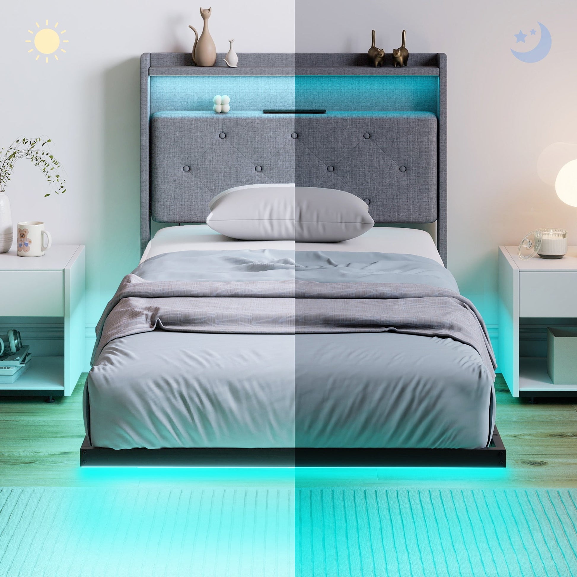 3ft Single Size Bed Frame, Floating Bed Frame with Music Sync RGB LED Lights and Charging Station, Upholstered Headboard with Storage Shelves, No Box Spring Needed, Noise Free, Grey