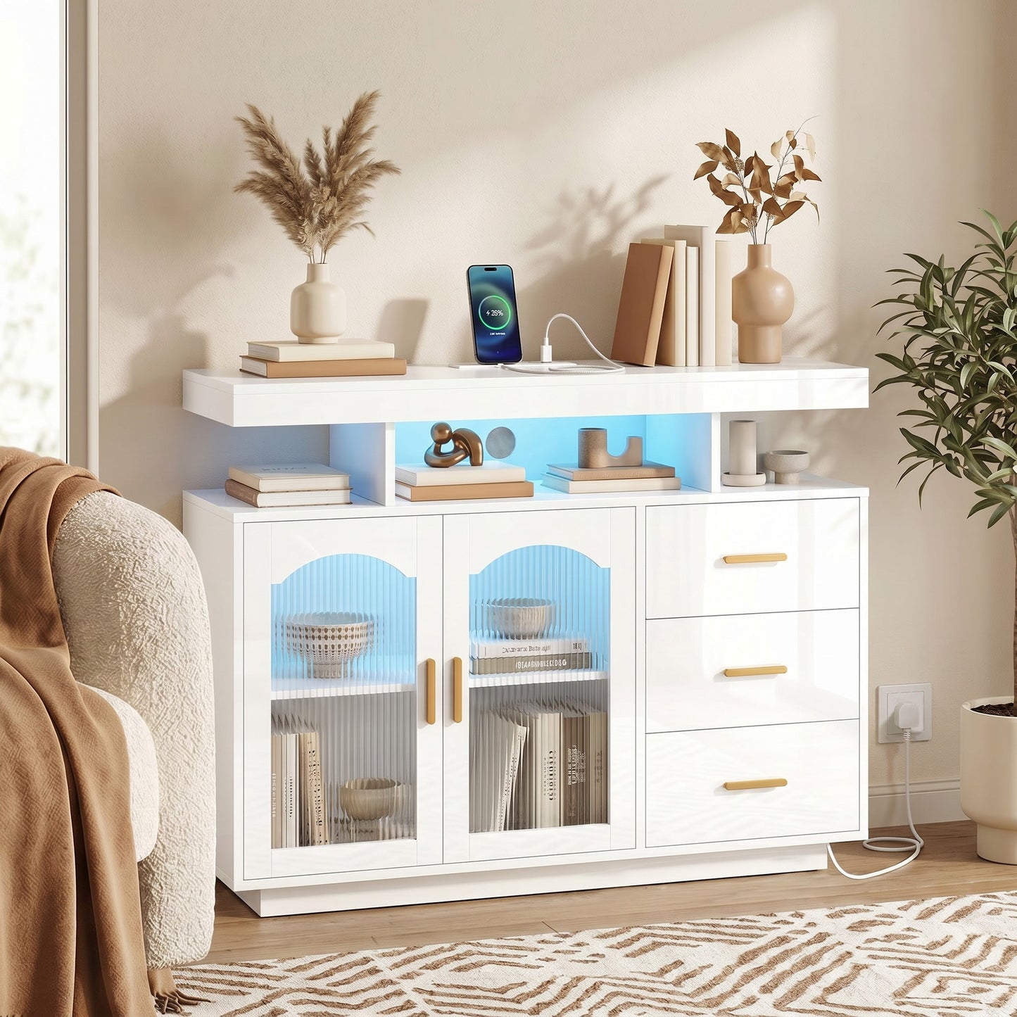 High Gloss Sideboard with LED Lights, Built-in Power Outlets, Modern Storage Cabinet with 3 Drawers, Shelves and 2 Acrylic Doors, Soft-Close TV Stand Unit for 72-Inch TVs, Living Room, White