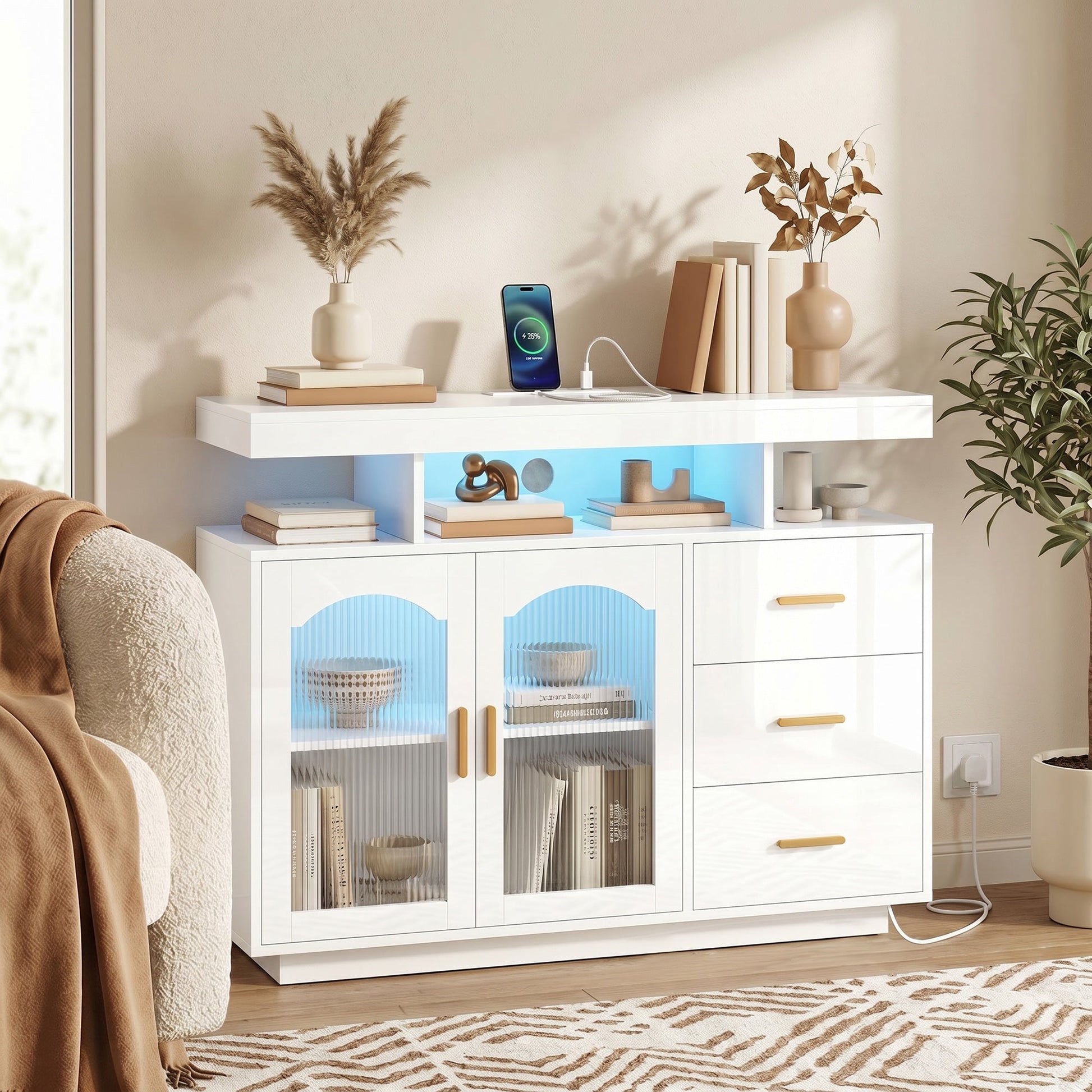 High Gloss Sideboard with LED Lights, Built-in Power Outlets, Modern Storage Cabinet with 3 Drawers, Shelves and 2 Acrylic Doors, Soft-Close TV Stand Unit for 72-Inch TVs, Living Room, White