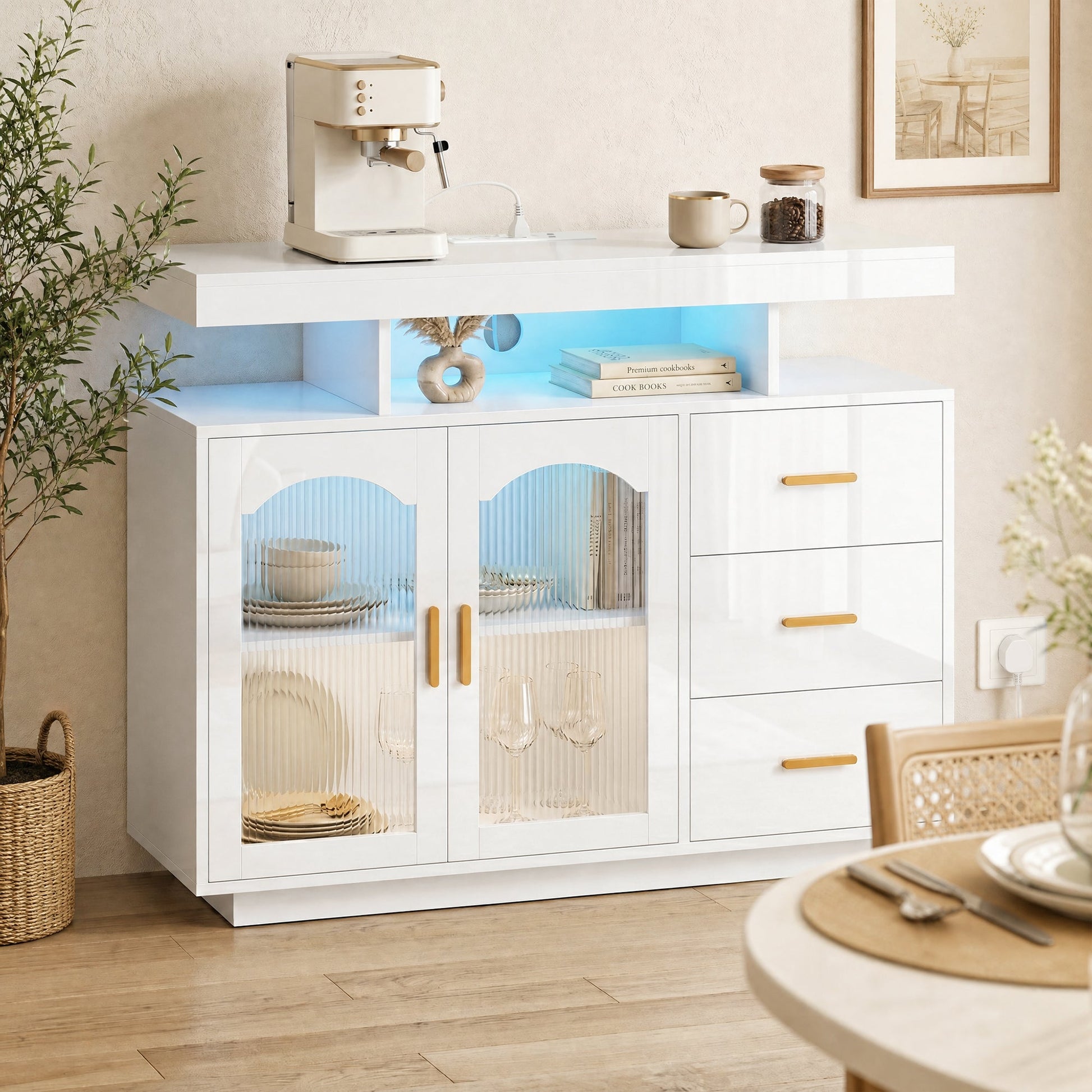 High Gloss Sideboard with LED Lights, Built-in Power Outlets, Modern Storage Cabinet with 3 Drawers, Shelves and 2 Acrylic Doors, Soft-Close TV Stand Unit for 72-Inch TVs, Living Room, White