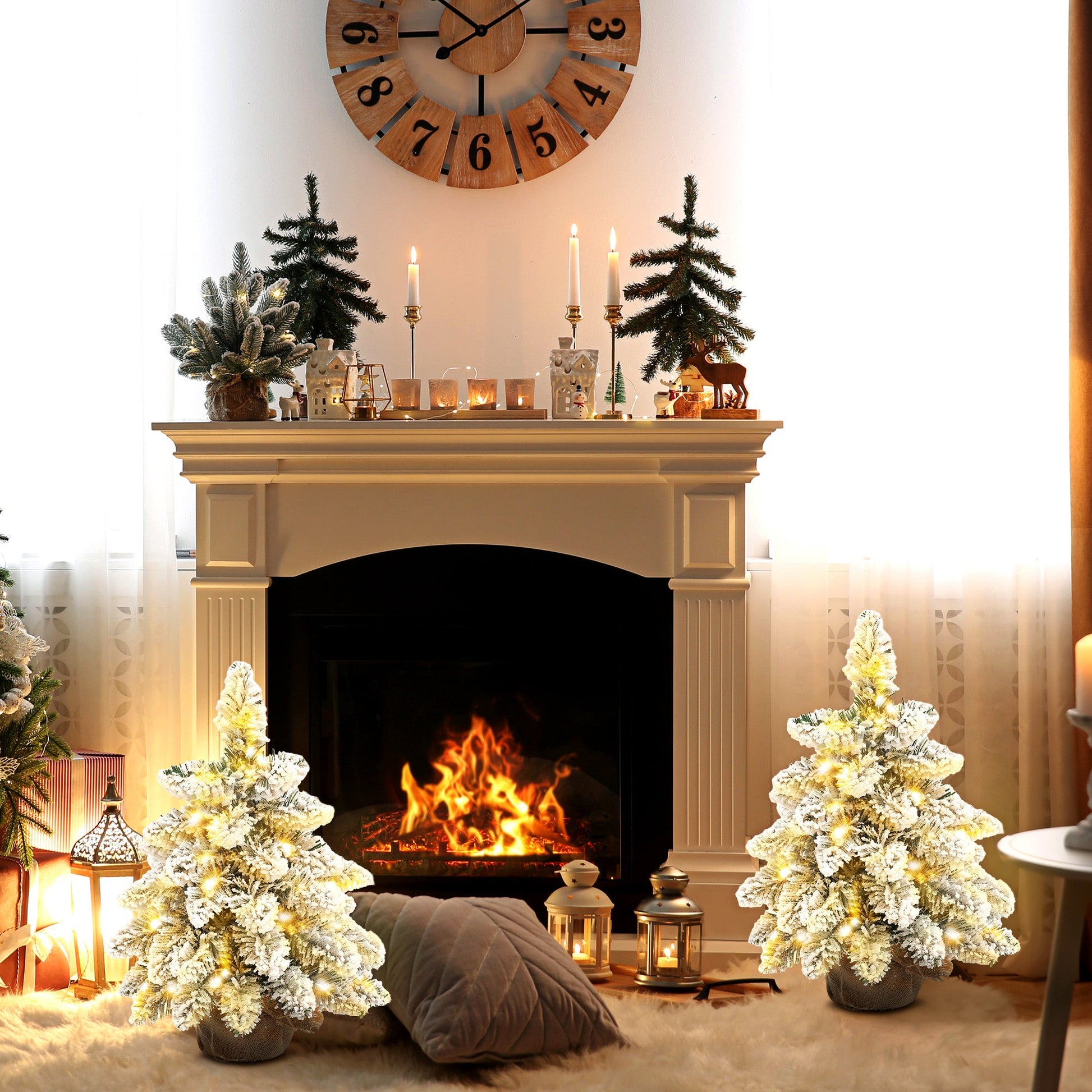 HOMCOM 1.5ft Mini Artificial Christmas Trees with Lights Set of 2, Snow Flocked Tabletop Christmas Trees with Base, Battery Operated, Desktop Party Decoration