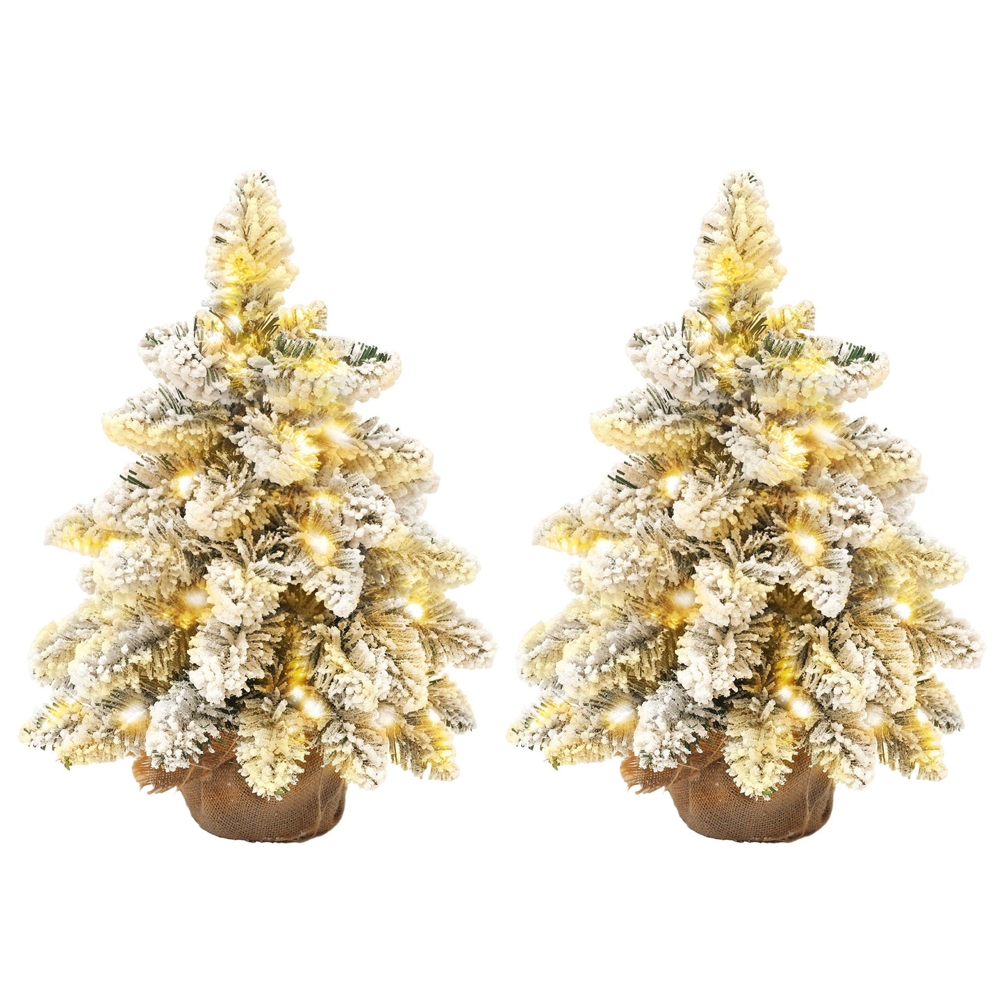 HOMCOM 1.5ft Mini Artificial Christmas Trees with Lights Set of 2, Snow Flocked Tabletop Christmas Trees with Base, Battery Operated, Desktop Party Decoration