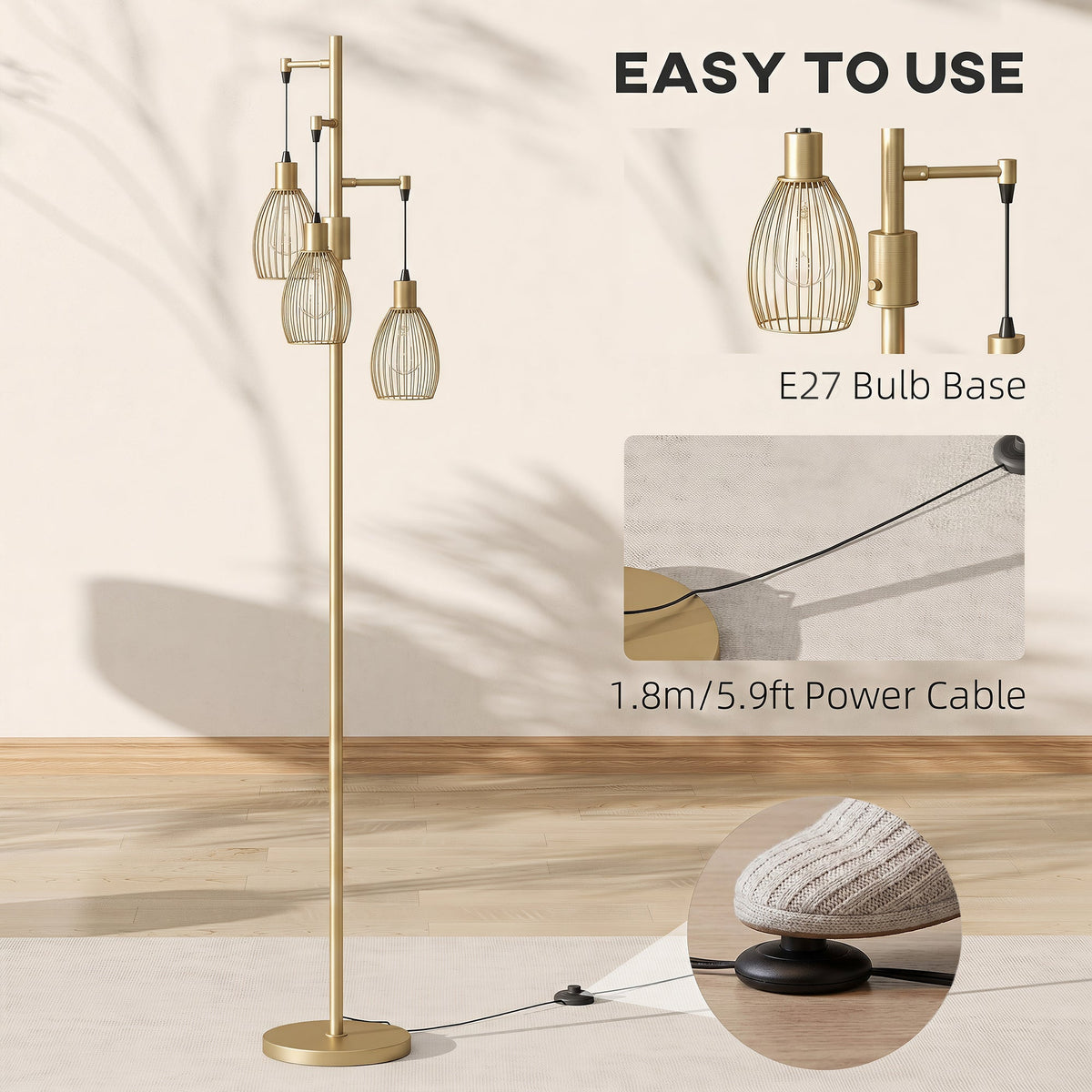3-Light LED Floor Lamp, 170cm Industrial Dimmable Standing Lamp with Steel Wire Cage Lampshades, 2700K for Living Room, Bedroom, Dining Room, Study, Gold Tone