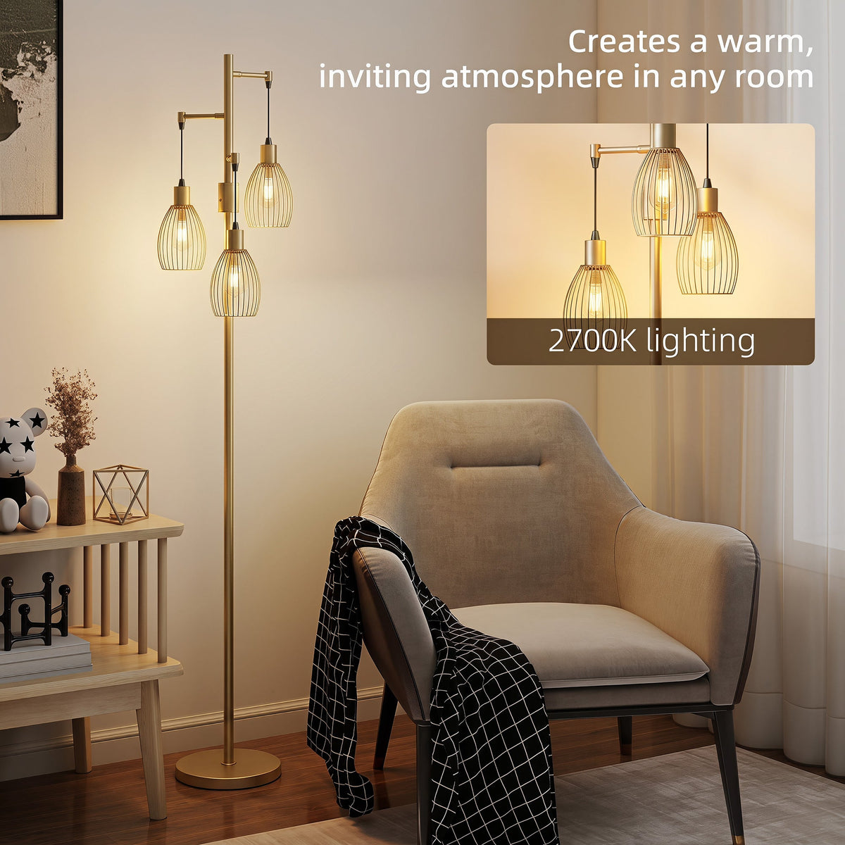 3-Light LED Floor Lamp, 170cm Industrial Dimmable Standing Lamp with Steel Wire Cage Lampshades, 2700K for Living Room, Bedroom, Dining Room, Study, Gold Tone