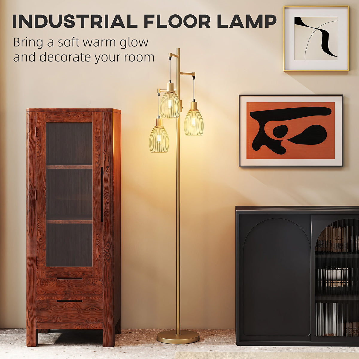 3-Light LED Floor Lamp, 170cm Industrial Dimmable Standing Lamp with Steel Wire Cage Lampshades, 2700K for Living Room, Bedroom, Dining Room, Study, Gold Tone