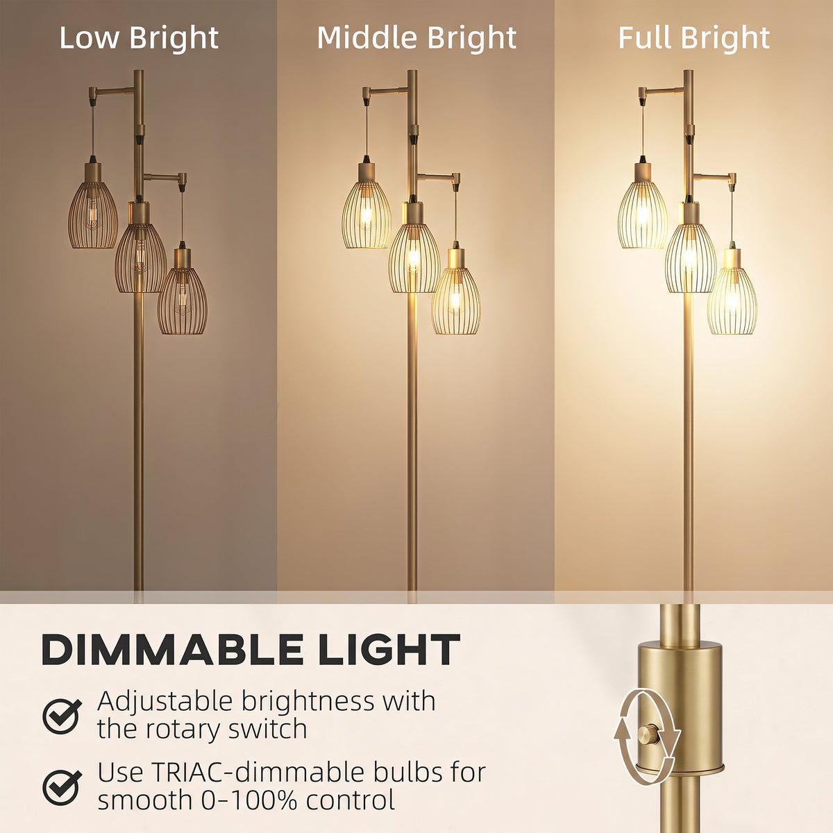 3-Light LED Floor Lamp, 170cm Industrial Dimmable Standing Lamp with Steel Wire Cage Lampshades, 2700K for Living Room, Bedroom, Dining Room, Study, Gold Tone