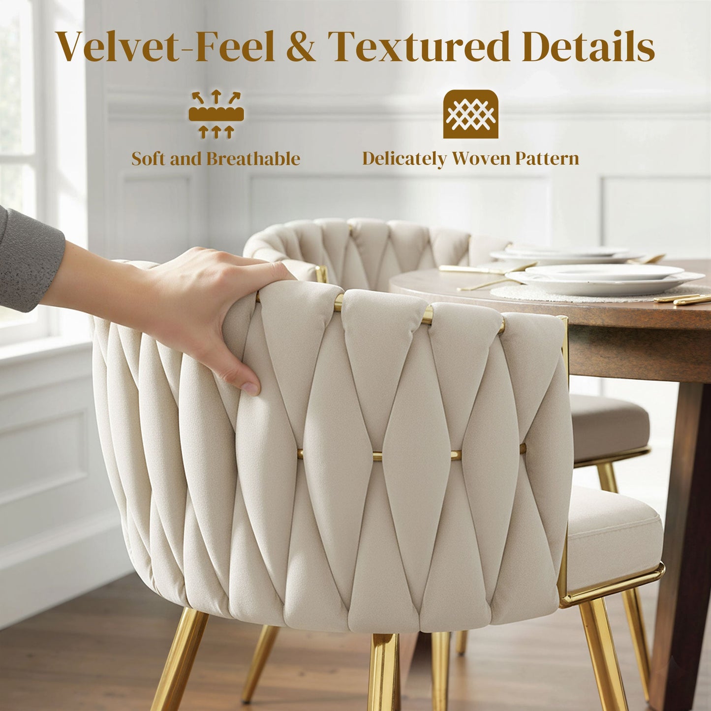 Velvet-Feel Dining Chairs Set of 2, Modern Upholstered Kitchen Chairs with Woven Backrest and Armrests, Metal Legs and Padded Seat for Dining Room, Bedroom, Living Room, Cream