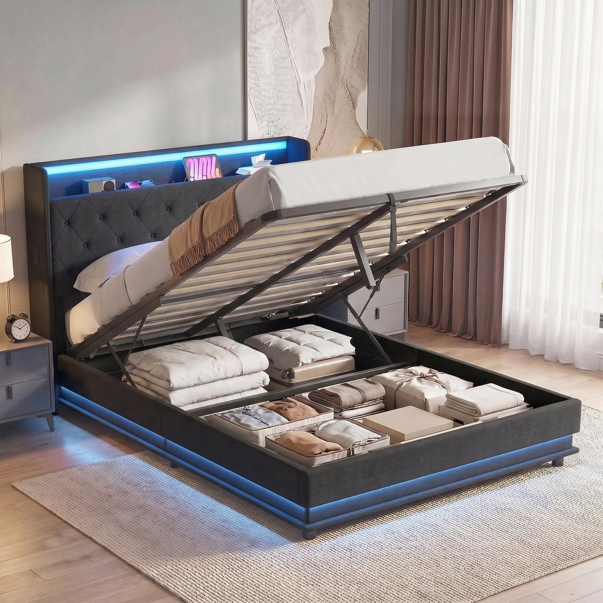 4ft6 Double Ottoman Bed Frame with Hydraulic Storage, APP Control LED Lights and Charging Station, Upholstered Lift Up Storage Bed Frame with Headboard, No Box Spring Needed, Black