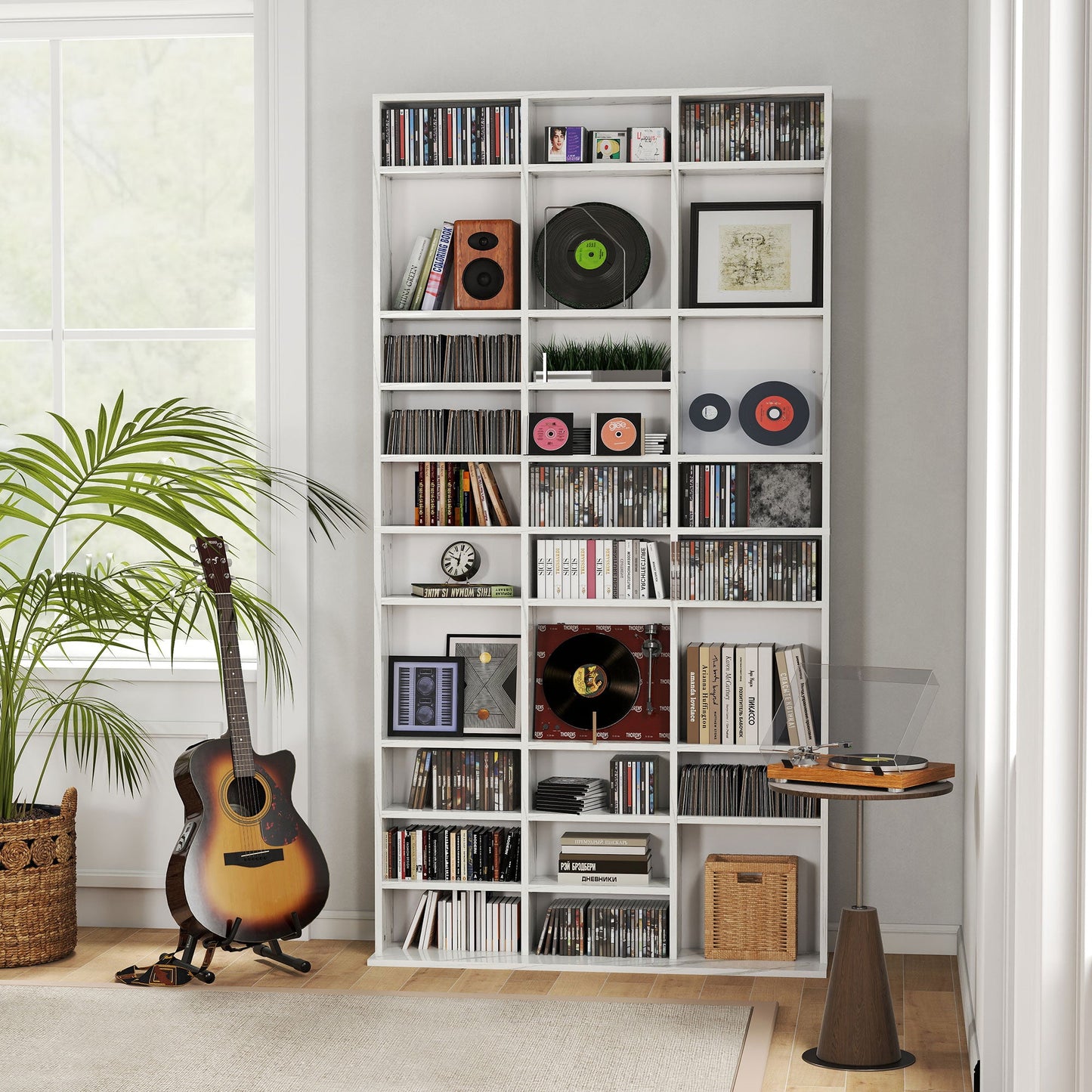 1116 CD/ 528 DVD Storage Unit, Media Storage Shelf, Wooden Display Unit with Adjustable Shelves, 102 x 195 cm, Marble Effect