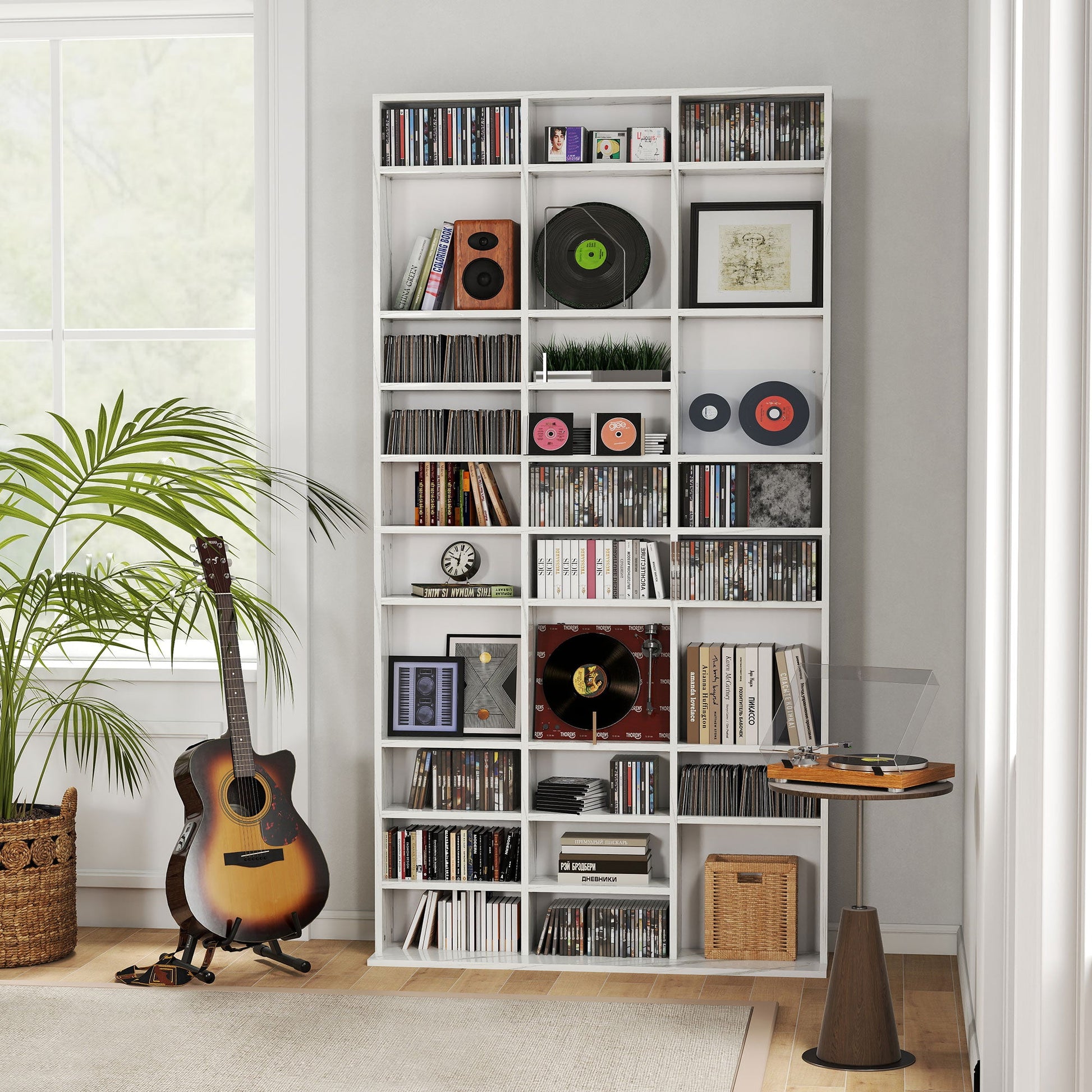 1116 CD/ 528 DVD Storage Unit, Media Storage Shelf, Wooden Display Unit with Adjustable Shelves, 102 x 195 cm, Marble Effect