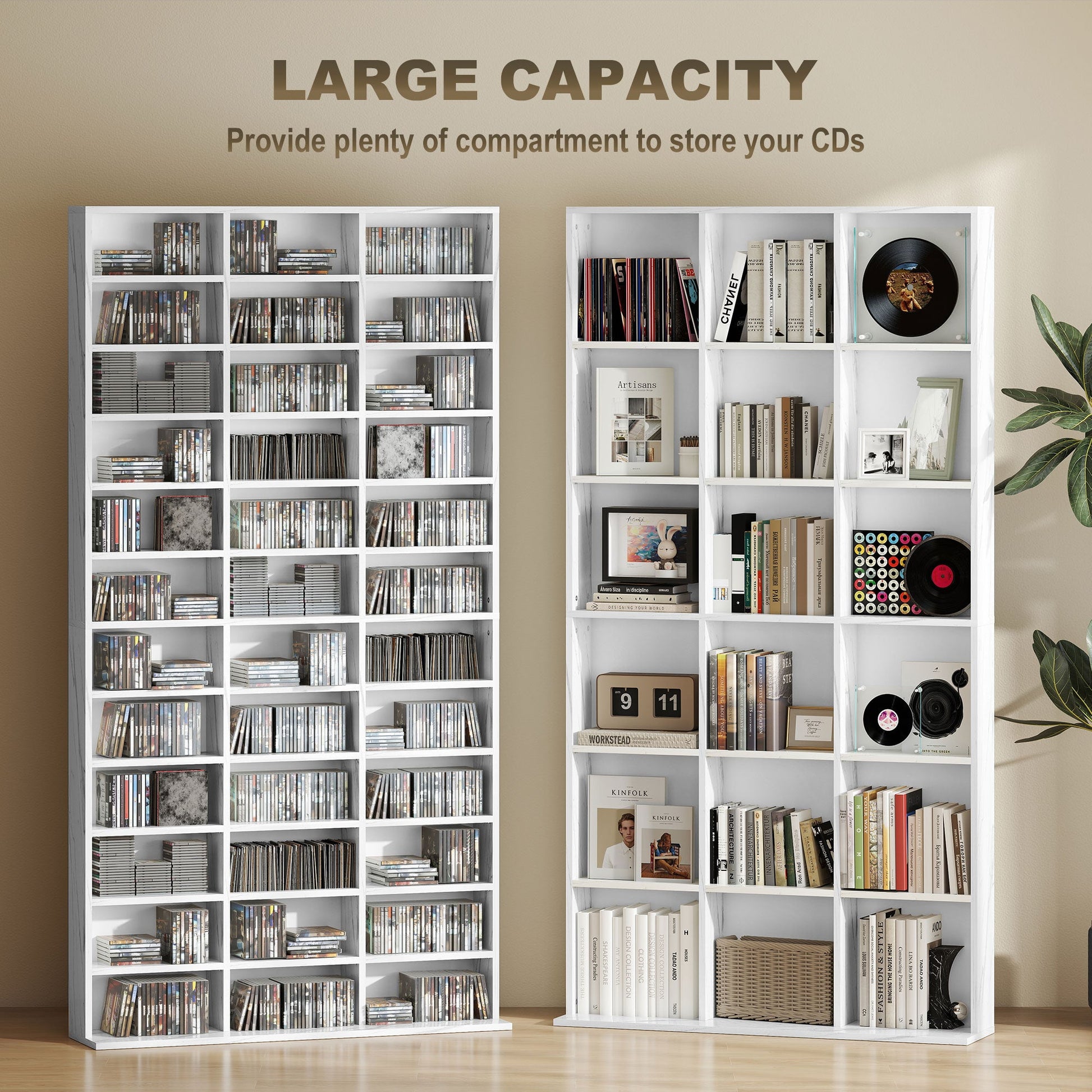 1116 CD/ 528 DVD Storage Unit, Media Storage Shelf, Wooden Display Unit with Adjustable Shelves, 102 x 195 cm, Marble Effect