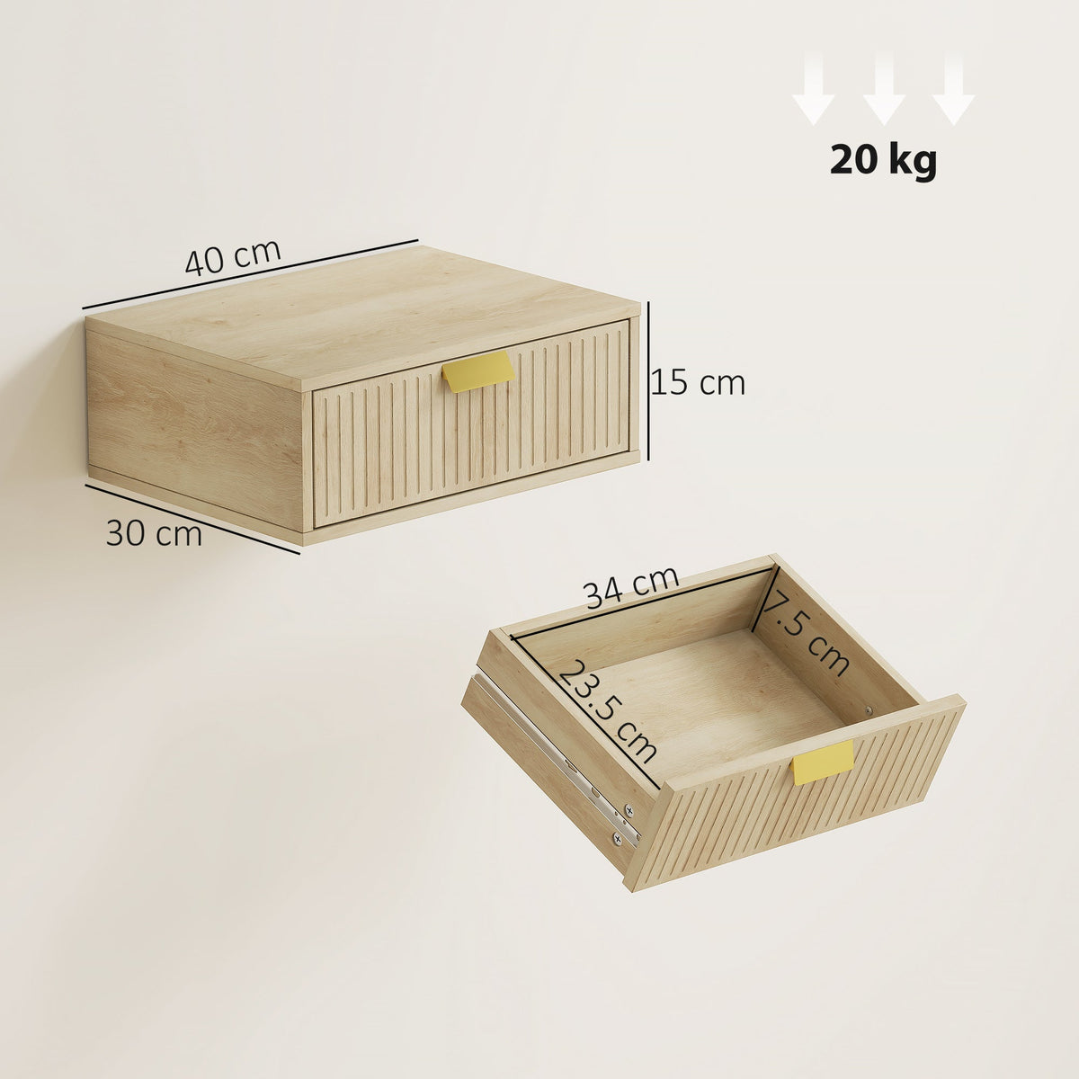 Modern Floating Nightstands Set of 2, Wall Mounted Bedside Tables with Wave Drawer for Bedroom and Living Room, Oak